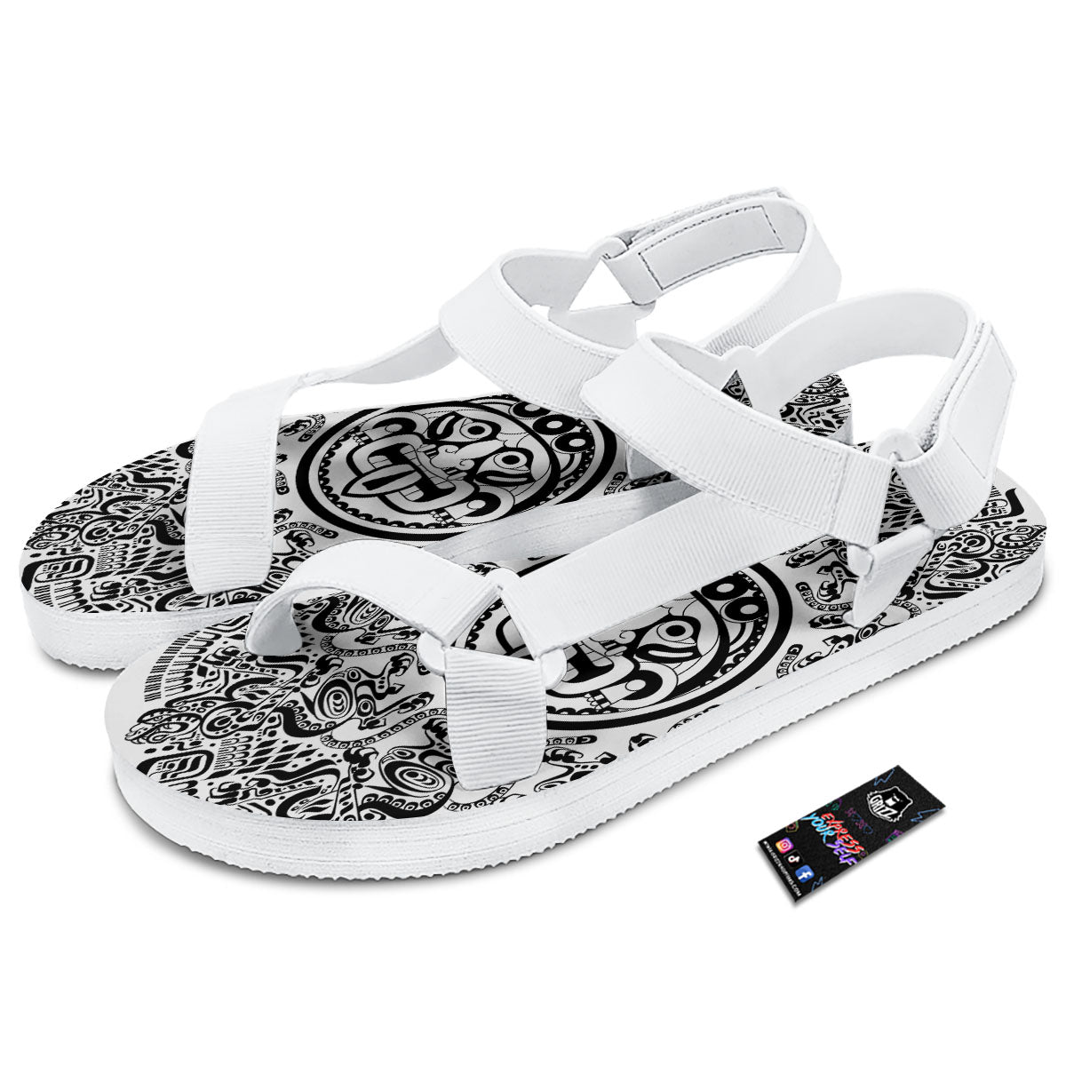 Maya Calendar White And Black Print White Open Toe Sandals-grizzshop