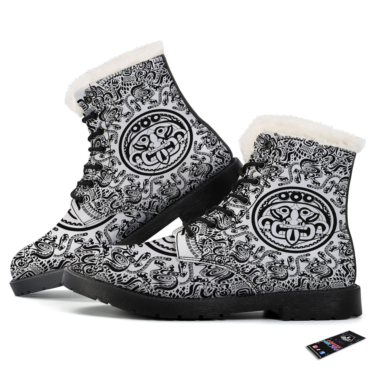 Maya Calendar White And Black Print Winter Boots-grizzshop