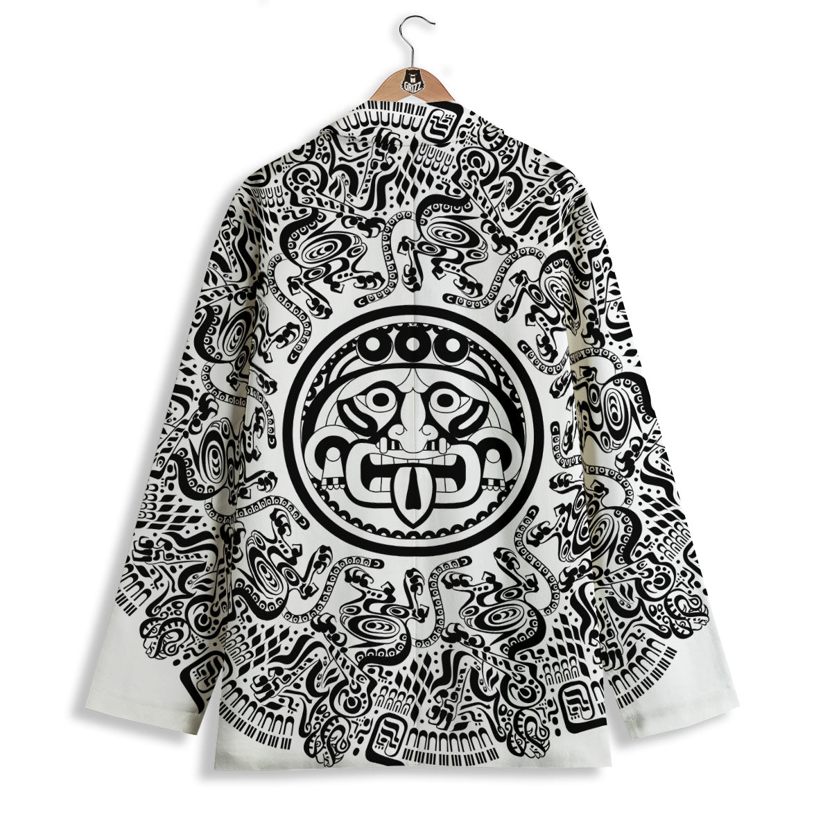 Maya Calendar White And Black Print Women's Blazer-grizzshop