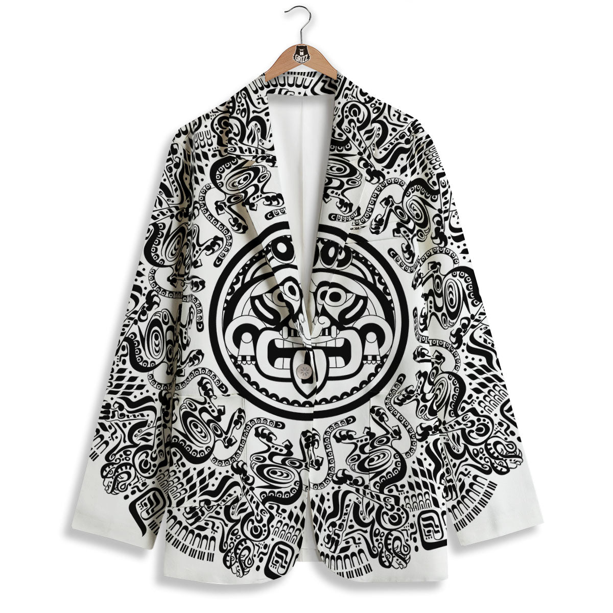 Maya Calendar White And Black Print Women's Blazer-grizzshop