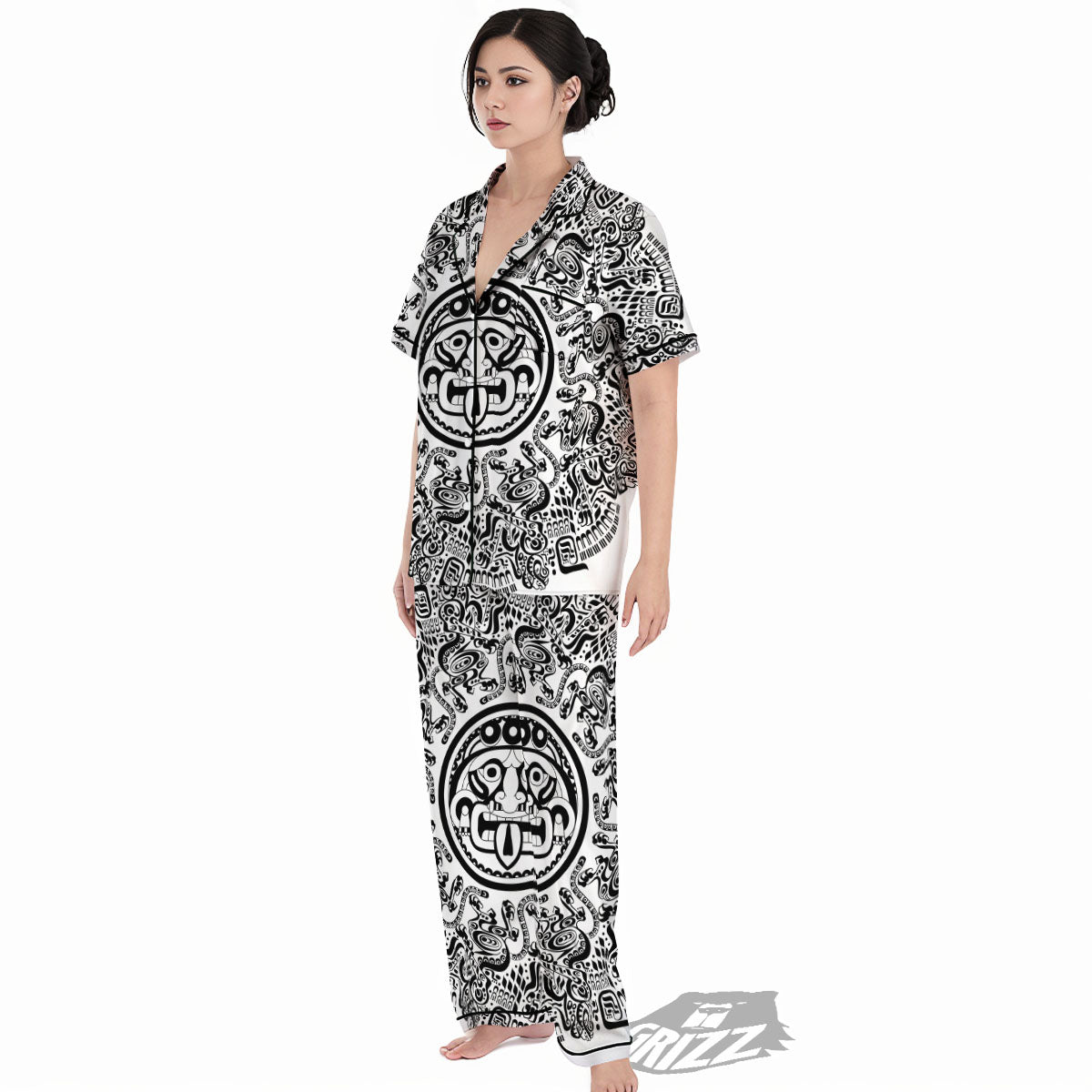 Maya Calendar White And Black Print Women's Pajamas Set-grizzshop