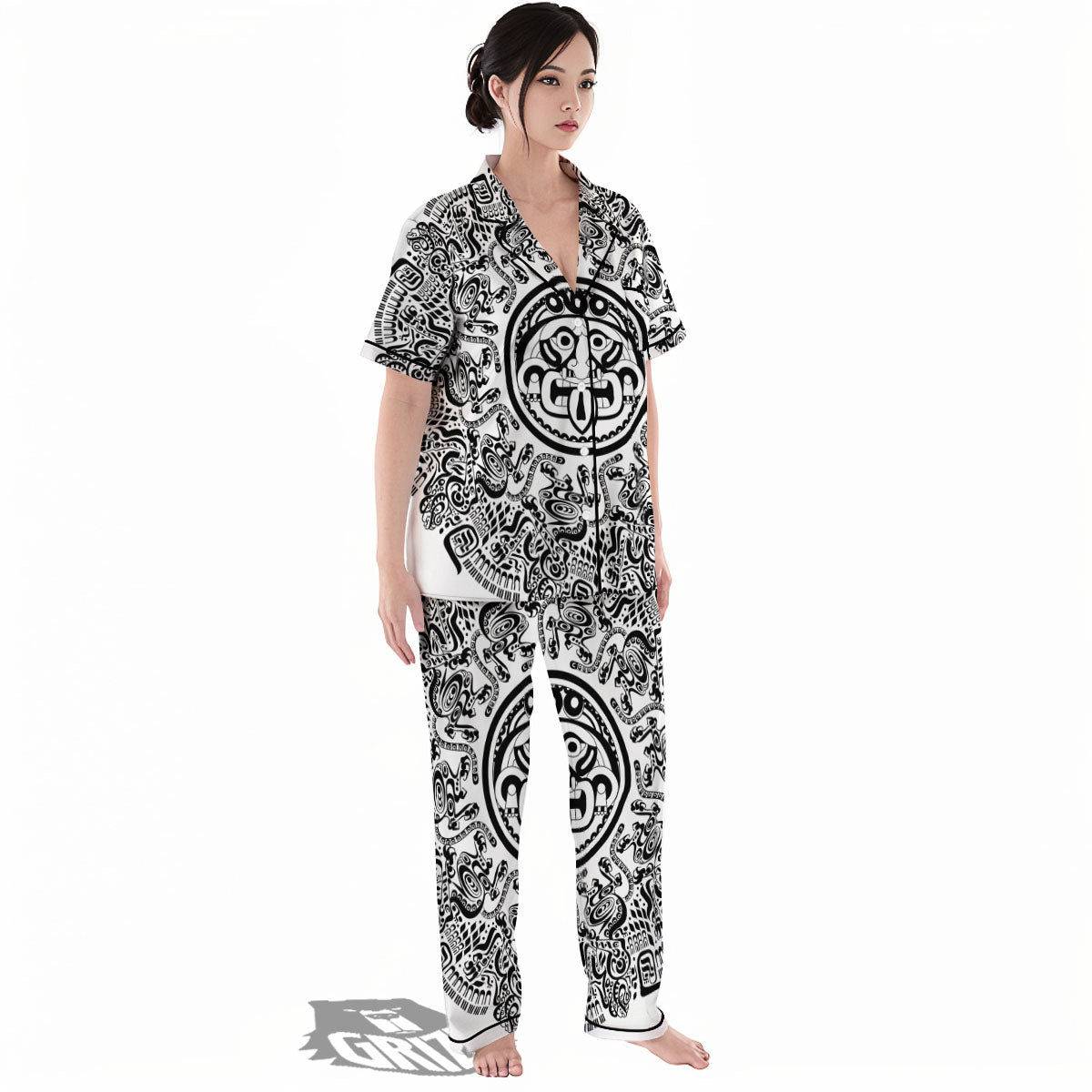 Maya Calendar White And Black Print Women's Pajamas Set-grizzshop