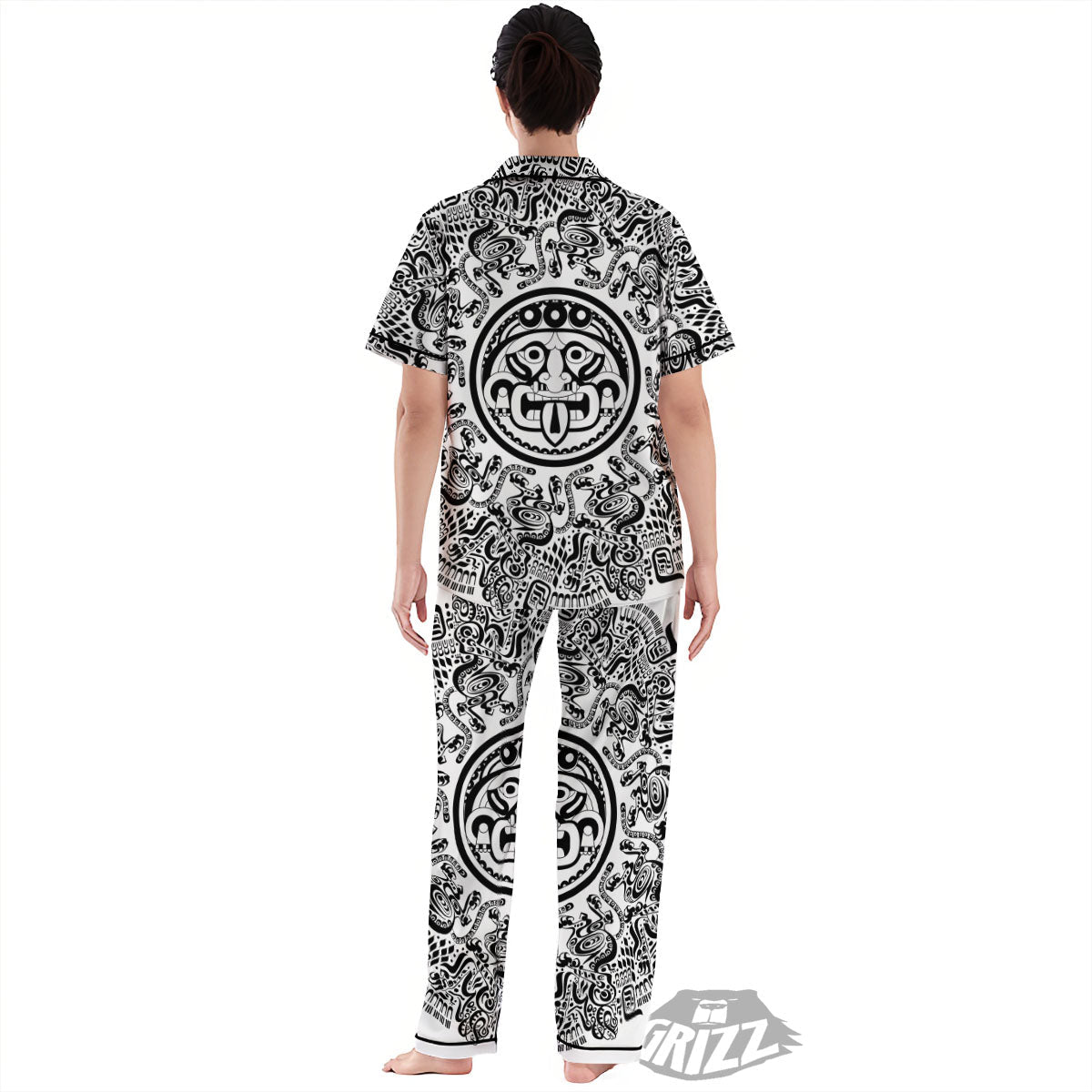 Maya Calendar White And Black Print Women's Pajamas Set-grizzshop
