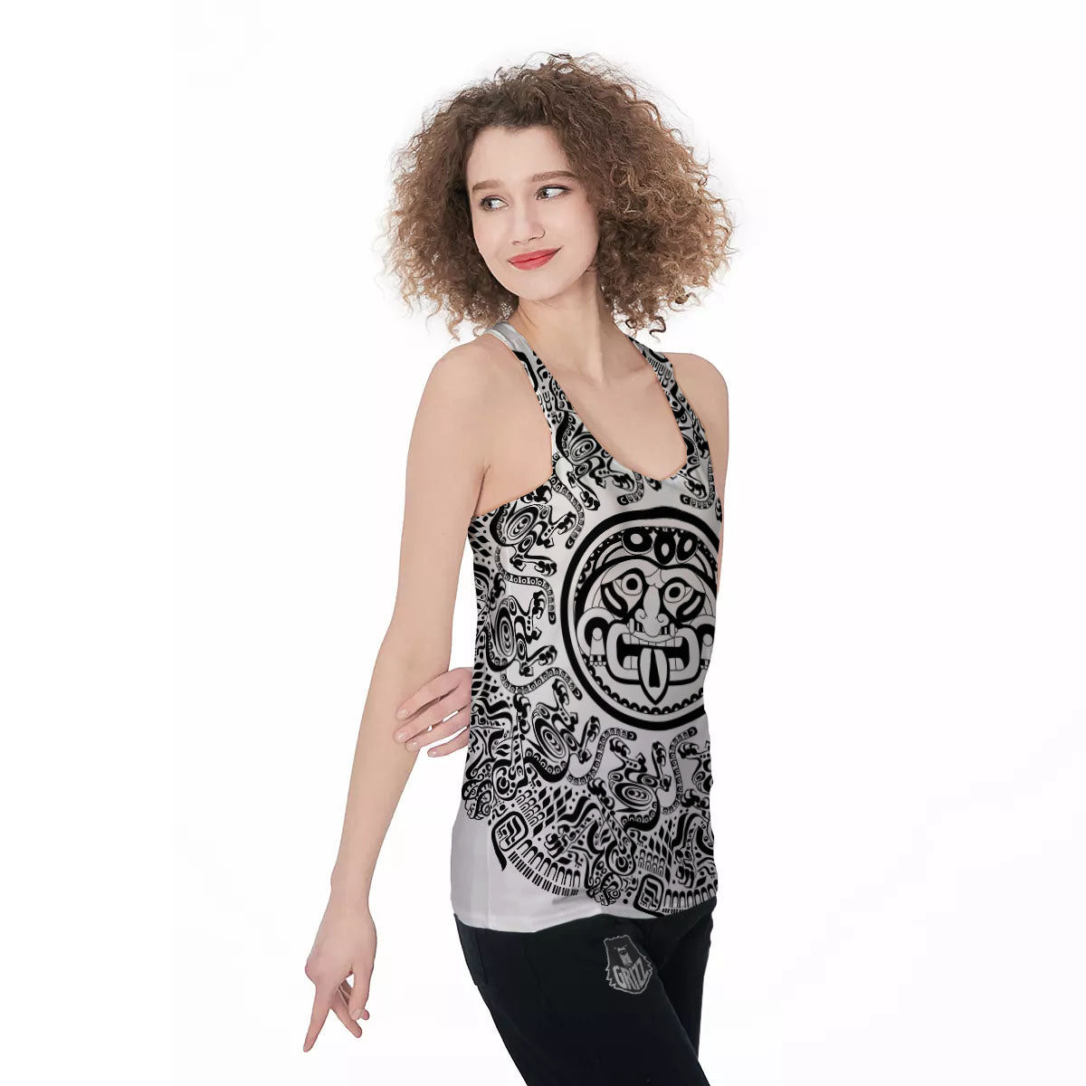 Maya Calendar White And Black Print Women's Racerback Tank Top-grizzshop