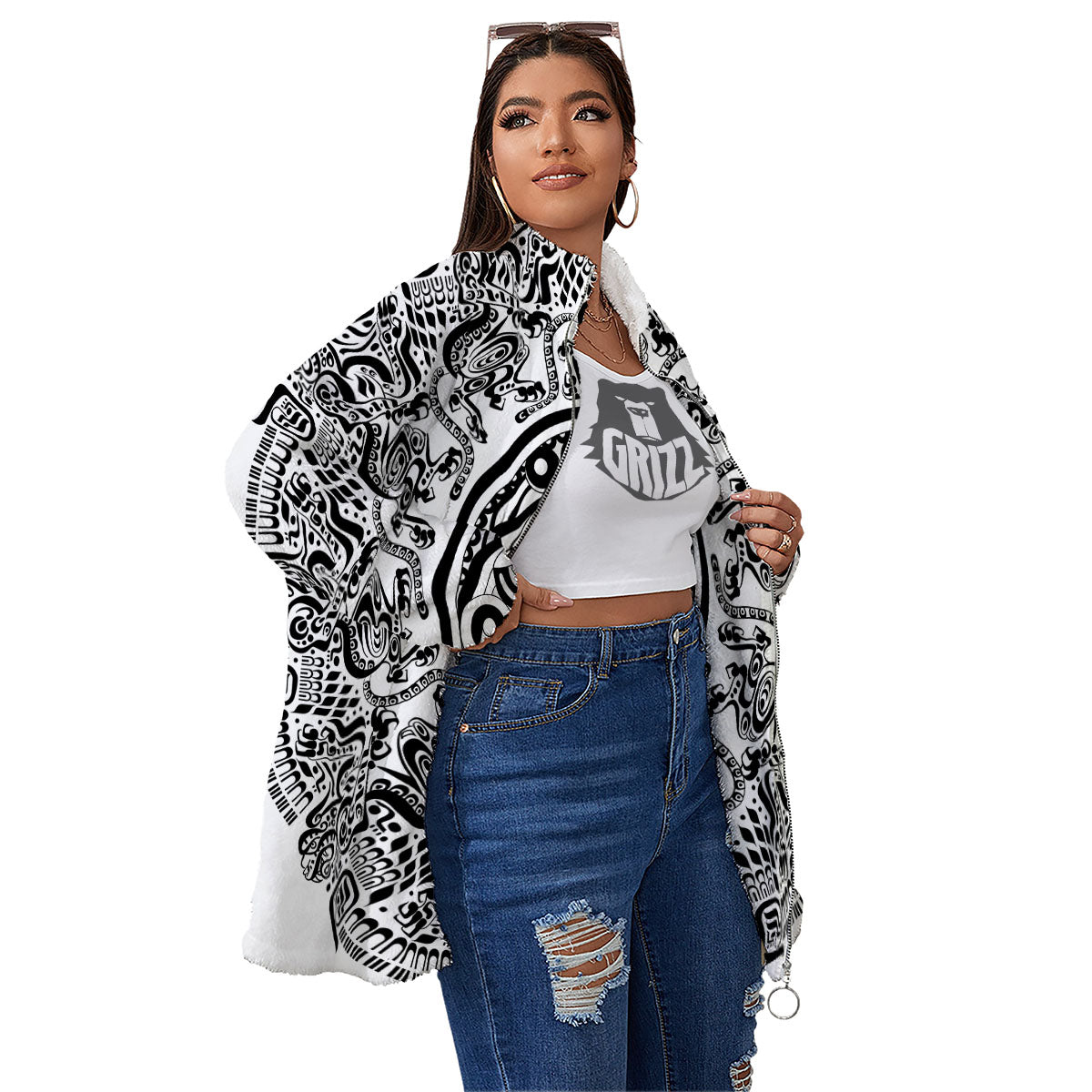 Maya Calendar White And Black Print Women's Sherpa Jacket-grizzshop