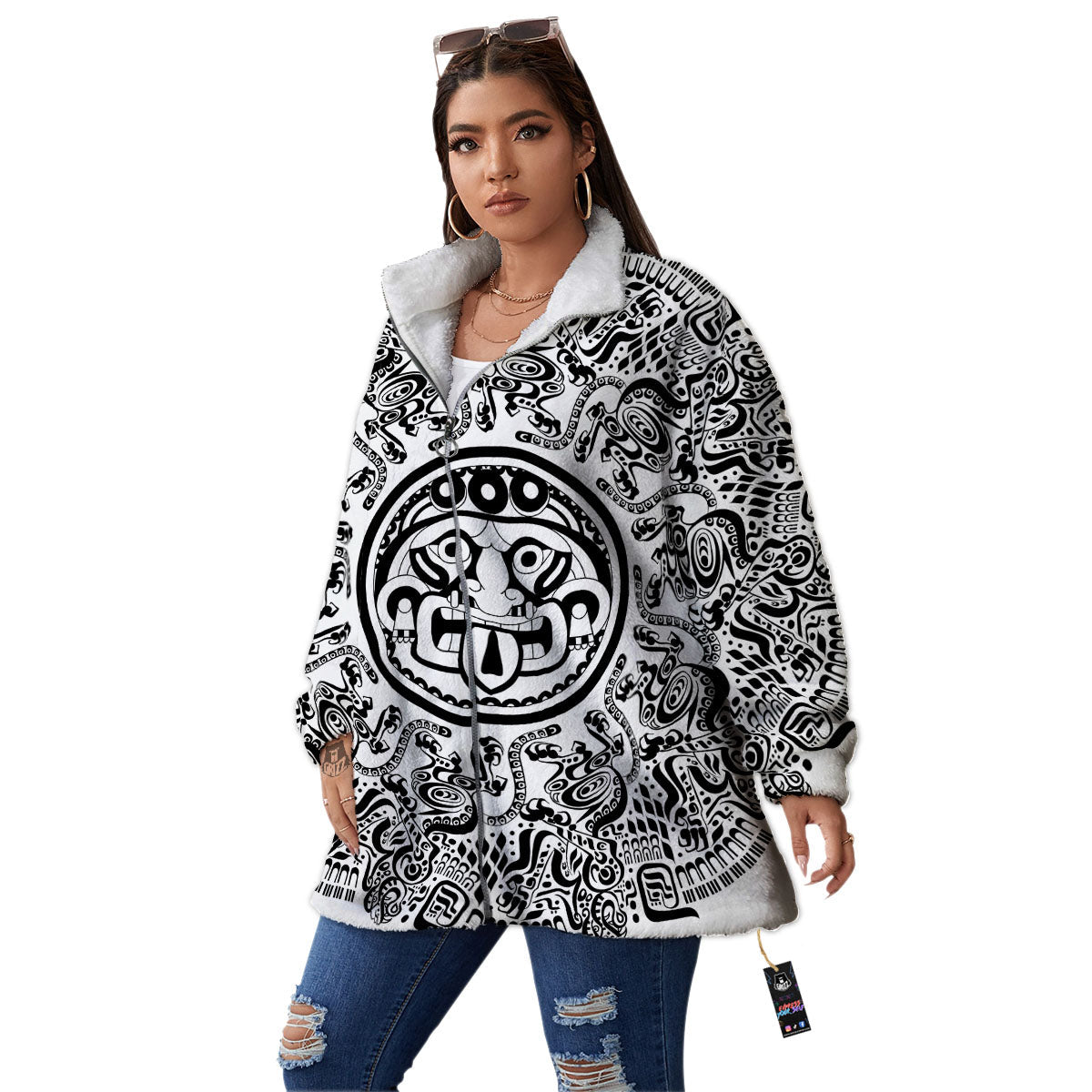 Maya Calendar White And Black Print Women's Sherpa Jacket-grizzshop