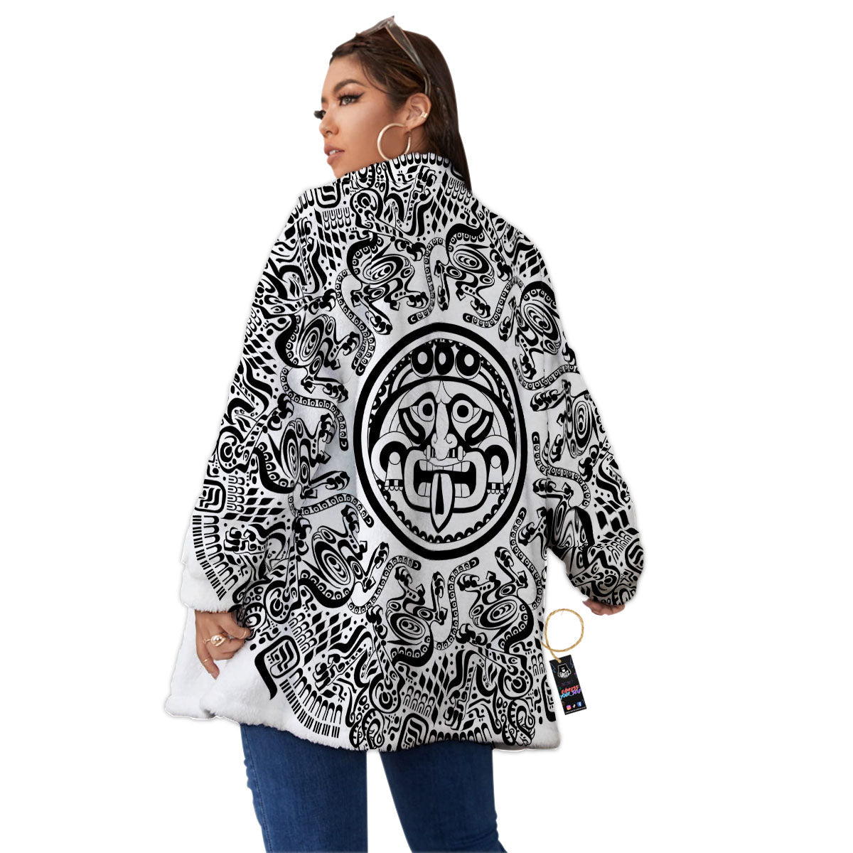 Maya Calendar White And Black Print Women's Sherpa Jacket-grizzshop
