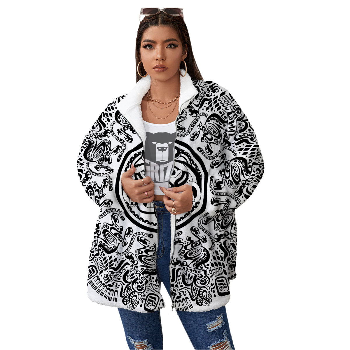 Maya Calendar White And Black Print Women's Sherpa Jacket-grizzshop
