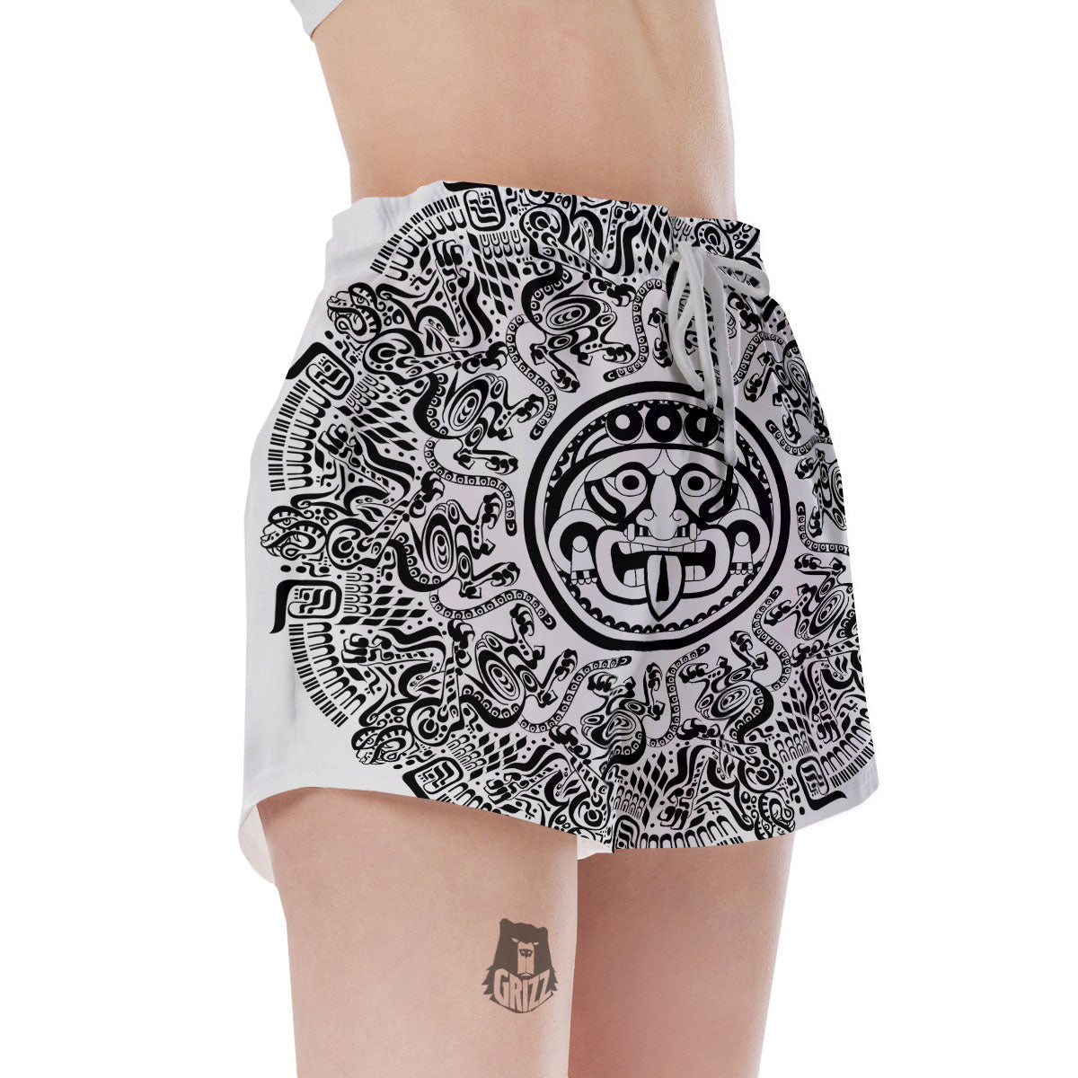 Maya Calendar White And Black Print Women's Shorts-grizzshop