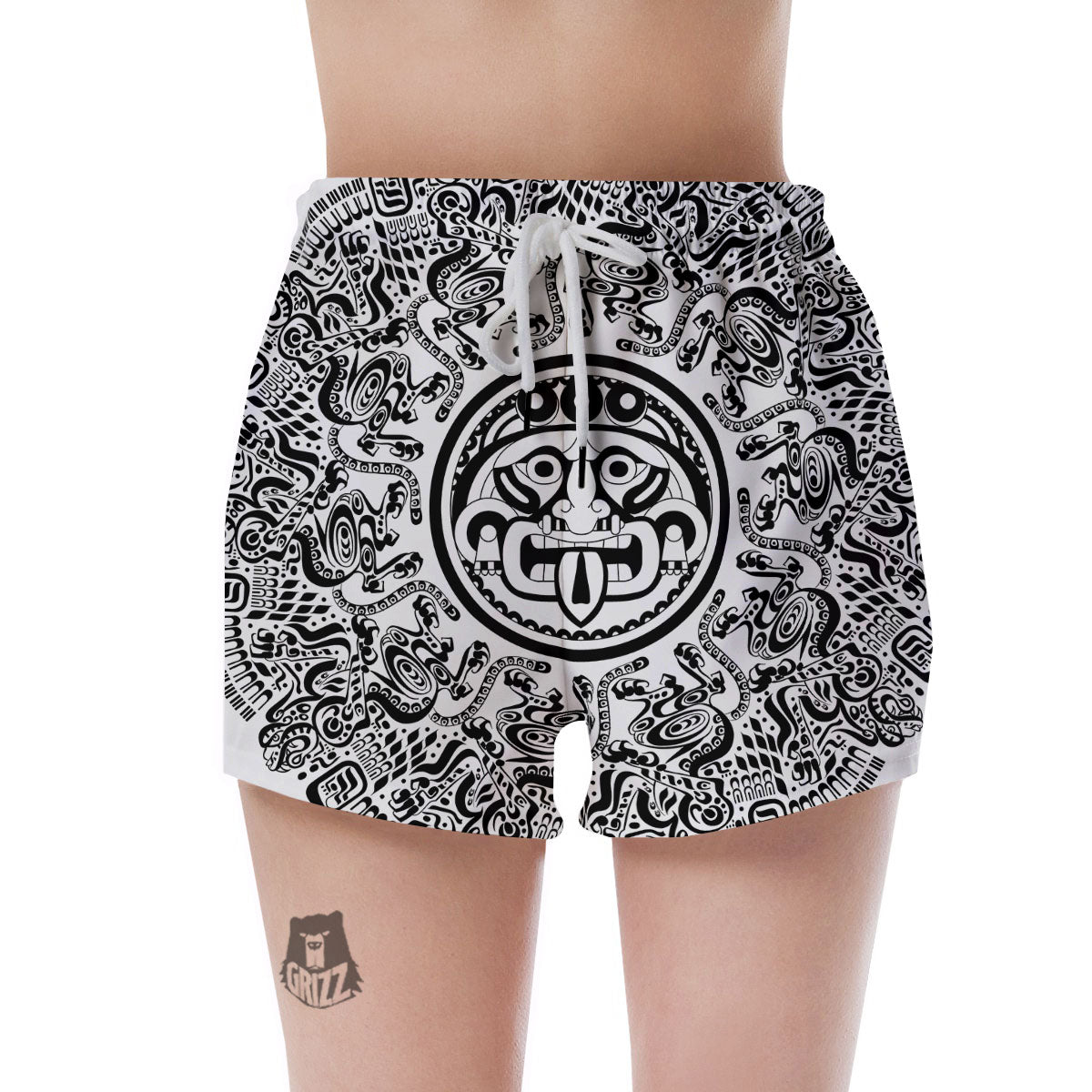 Maya Calendar White And Black Print Women's Shorts-grizzshop