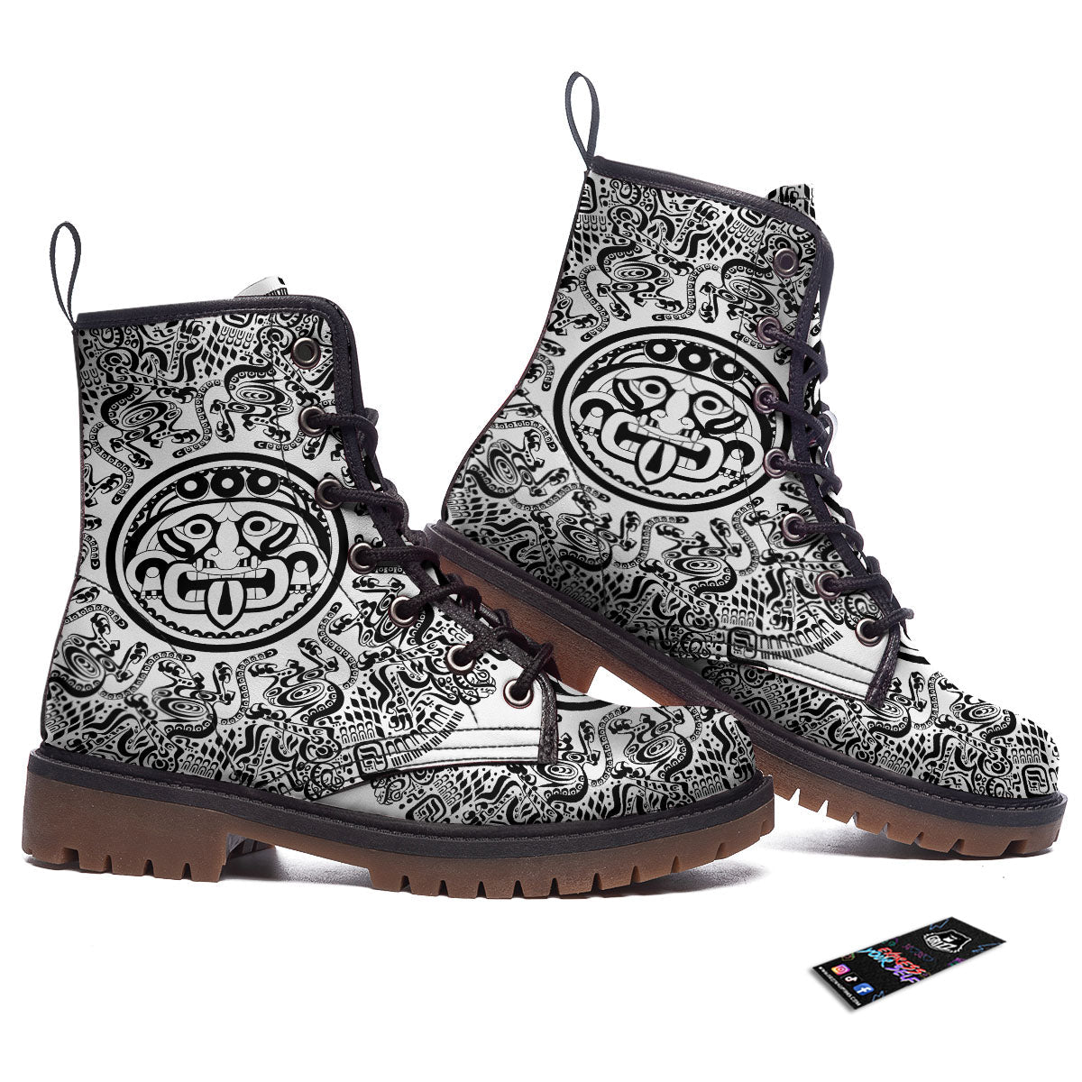 Maya Calendar White And Black Print Work Boots-grizzshop