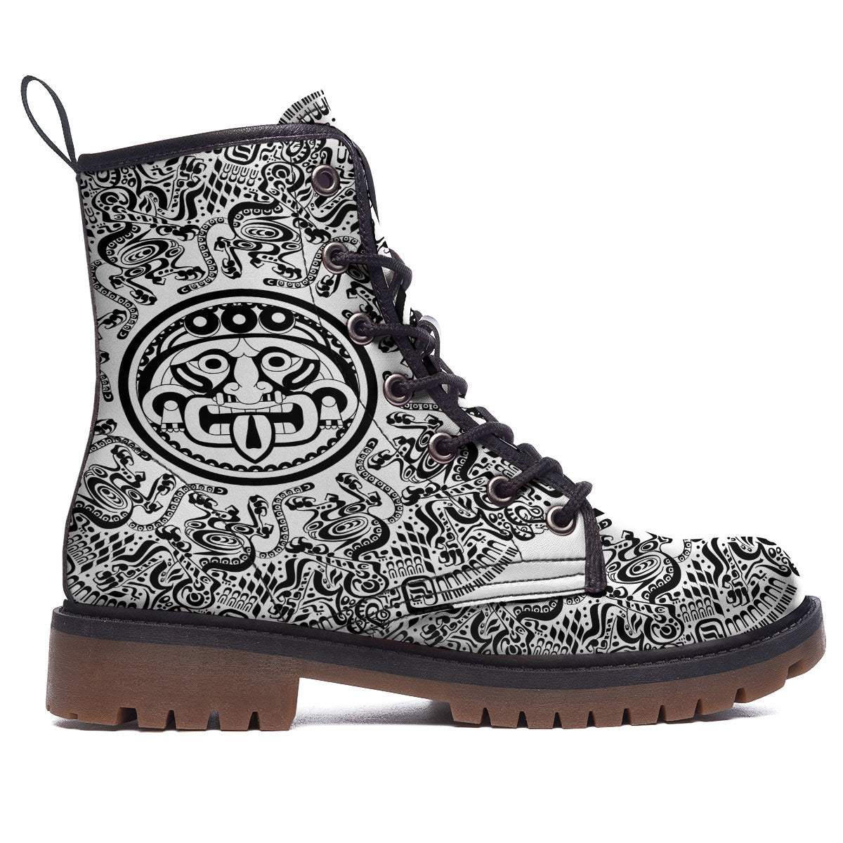 Maya Calendar White And Black Print Work Boots-grizzshop