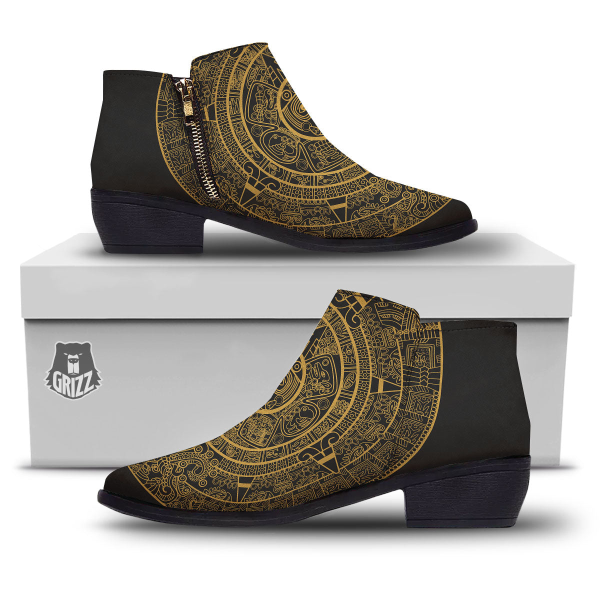 Maya Calendar Yellow And Black Print Ankle Boots-grizzshop