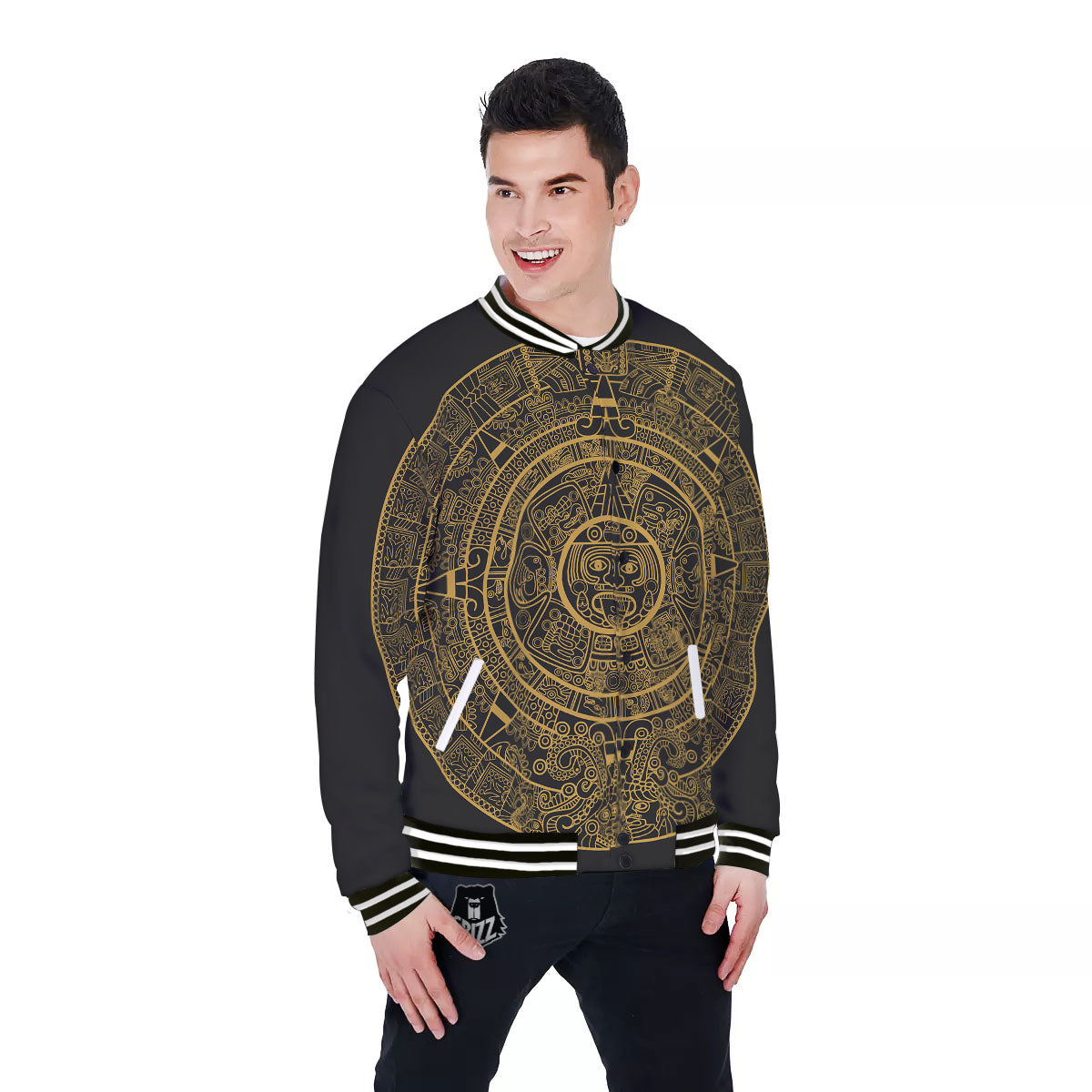 Maya Calendar Yellow And Black Print Baseball Jacket-grizzshop