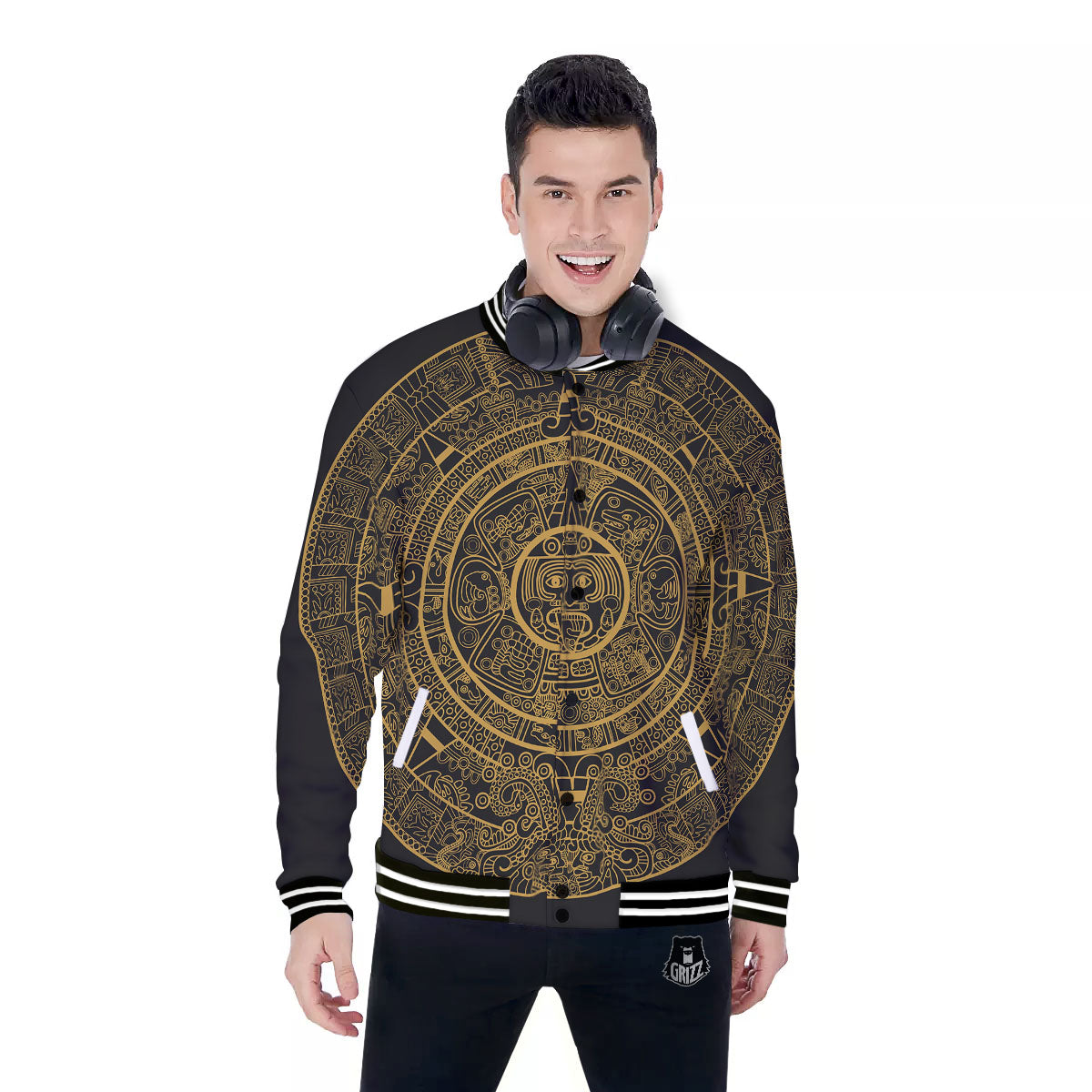 Maya Calendar Yellow And Black Print Baseball Jacket-grizzshop