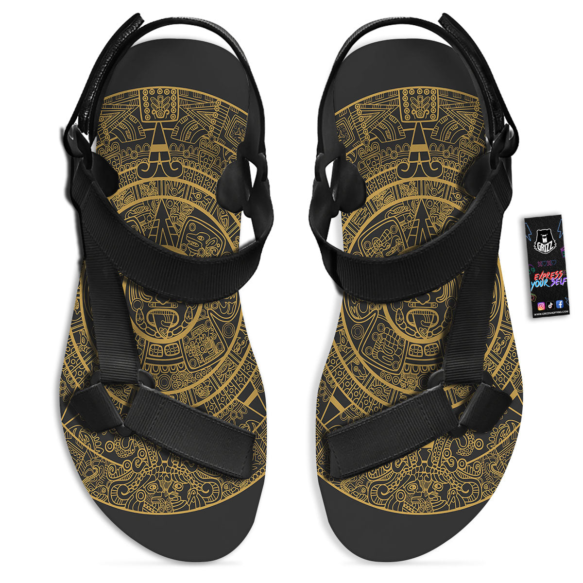 Maya Calendar Yellow And Black Print Black Open Toe Sandals-grizzshop