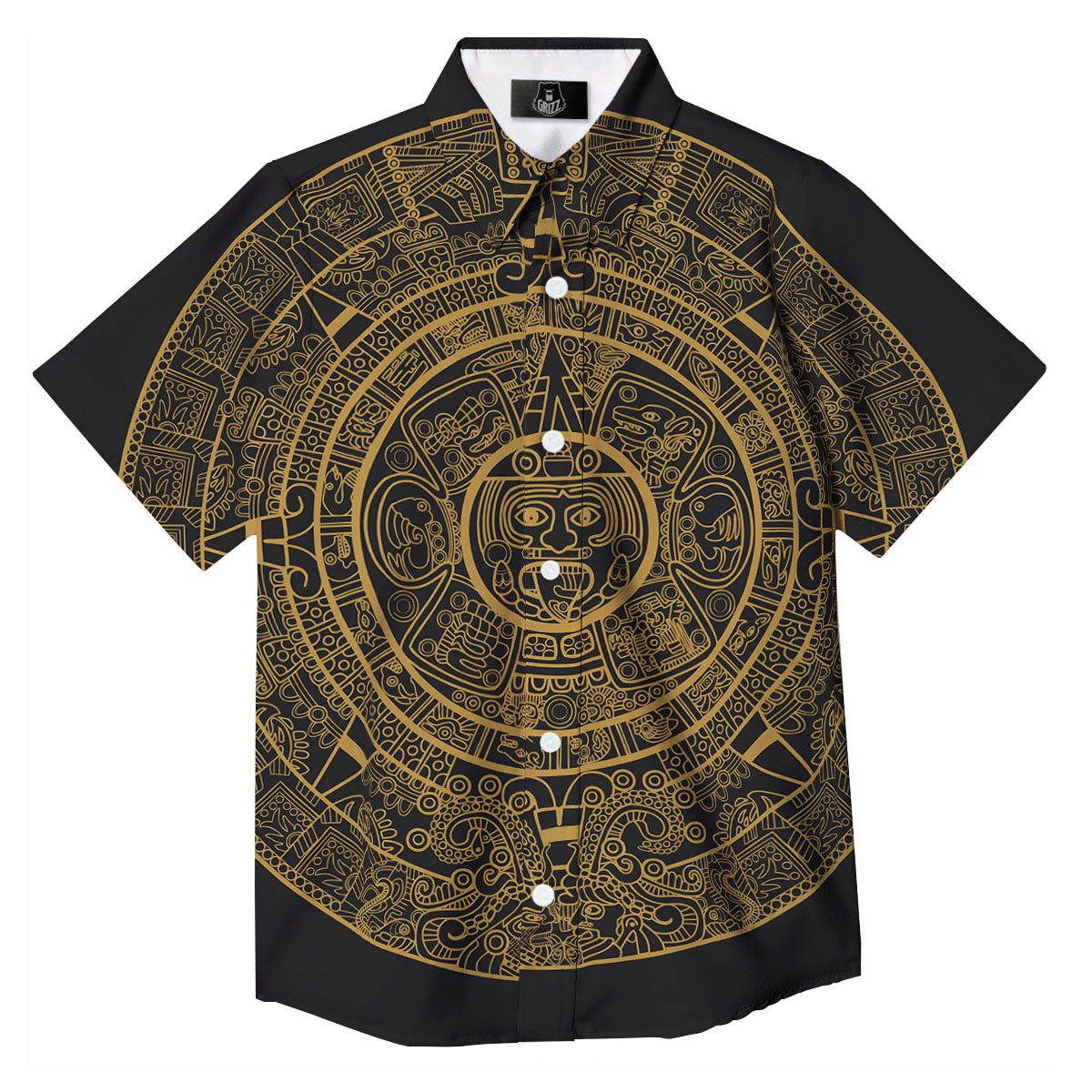 Maya Calendar Yellow And Black Print Button Up Shirt-grizzshop