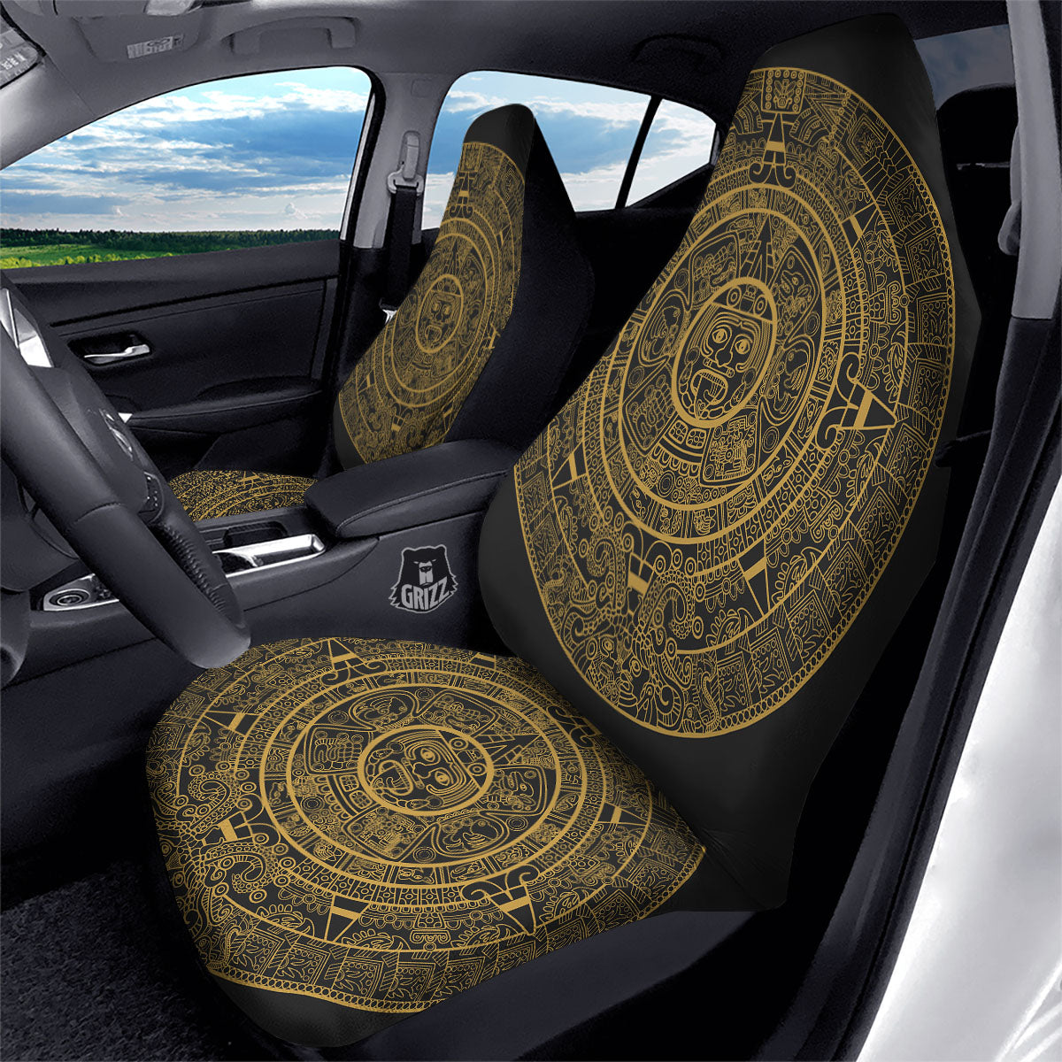 Maya Calendar Yellow And Black Print Car Seat Covers-grizzshop