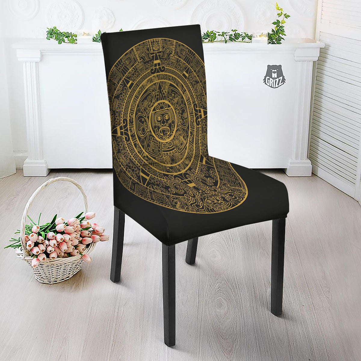 Maya Calendar Yellow And Black Print Dining Chair Slipcover-grizzshop
