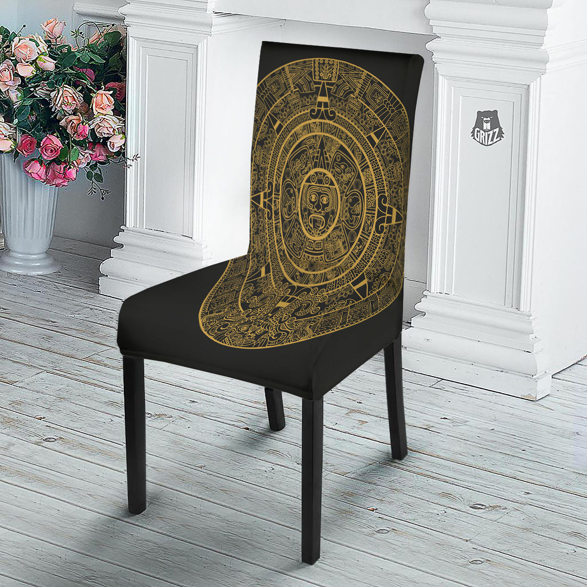Maya Calendar Yellow And Black Print Dining Chair Slipcover-grizzshop