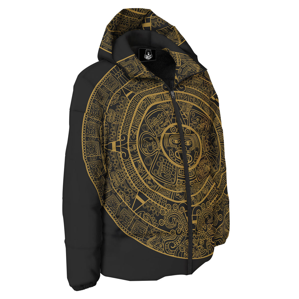 Maya Calendar Yellow And Black Print Down Jacket-grizzshop
