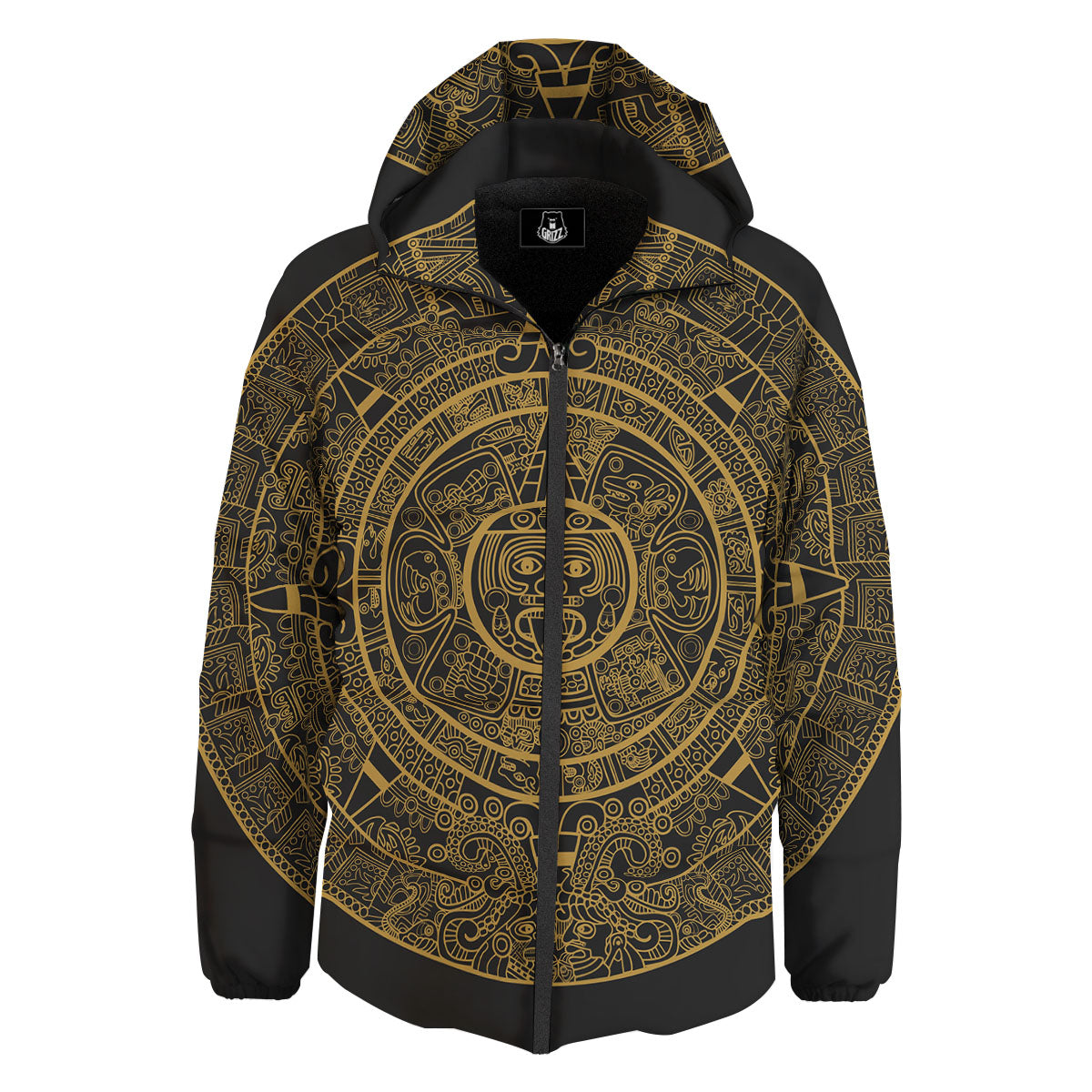 Maya Calendar Yellow And Black Print Down Jacket-grizzshop