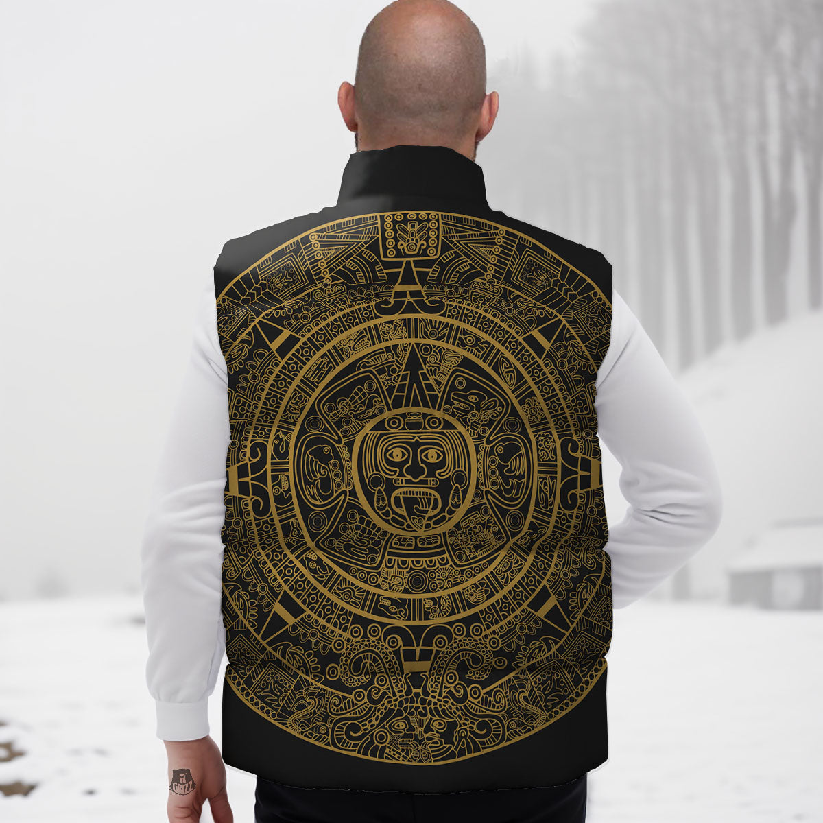 Maya Calendar Yellow And Black Print Down Vest