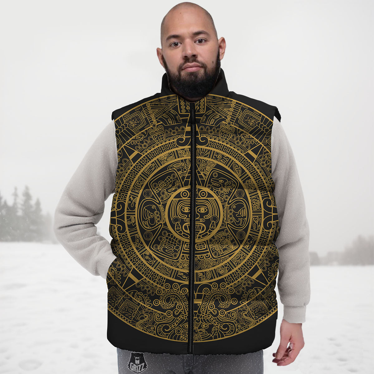 Maya Calendar Yellow And Black Print Down Vest