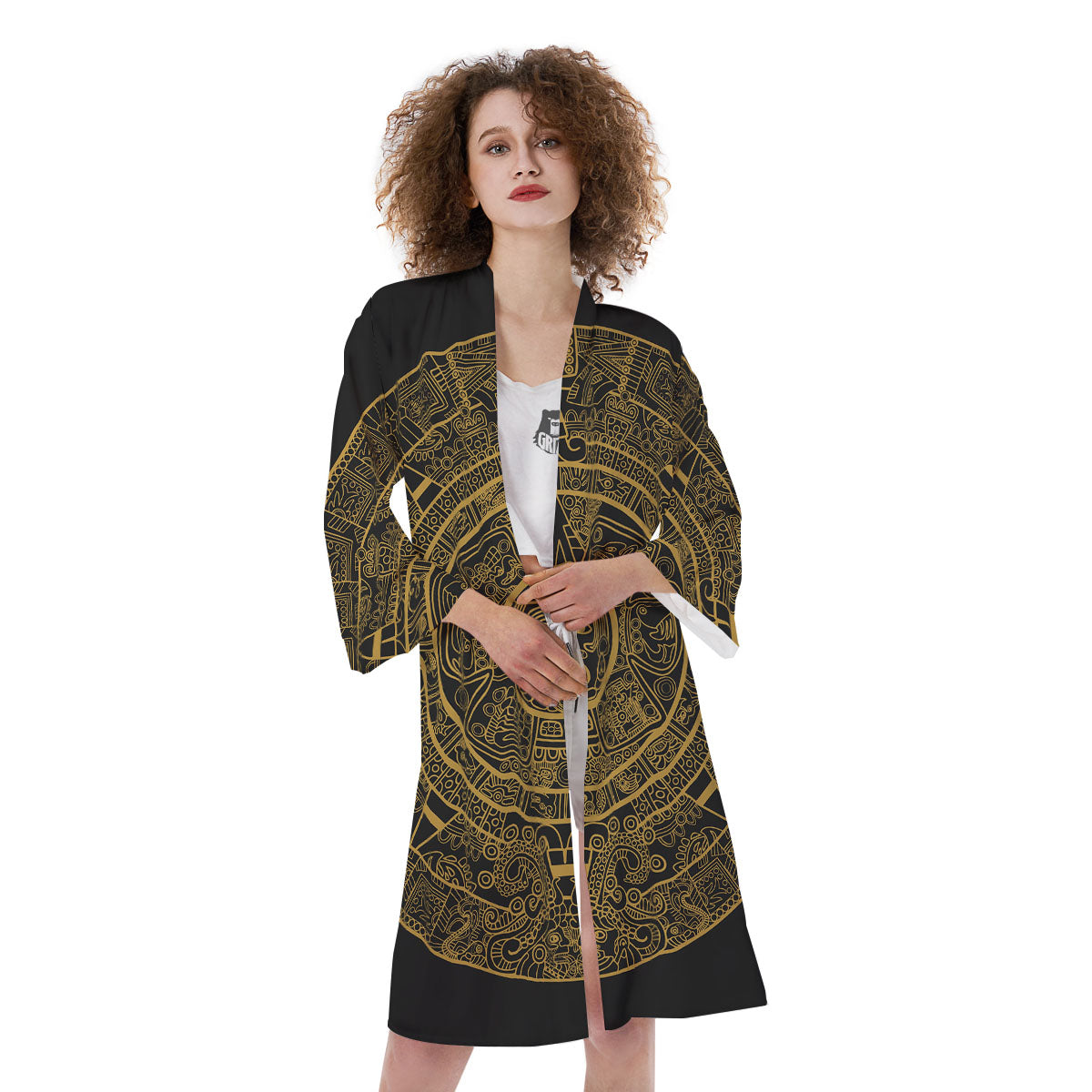Maya Calendar Yellow And Black Print Kimono-grizzshop