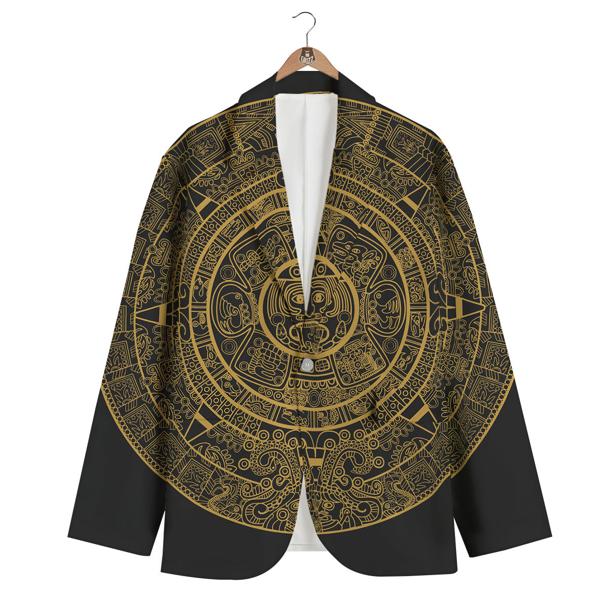 Maya Calendar Yellow And Black Print Men's Blazer-grizzshop
