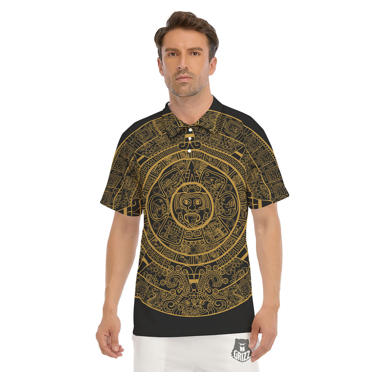 Maya Calendar Yellow And Black Print Men's Golf Shirts-grizzshop