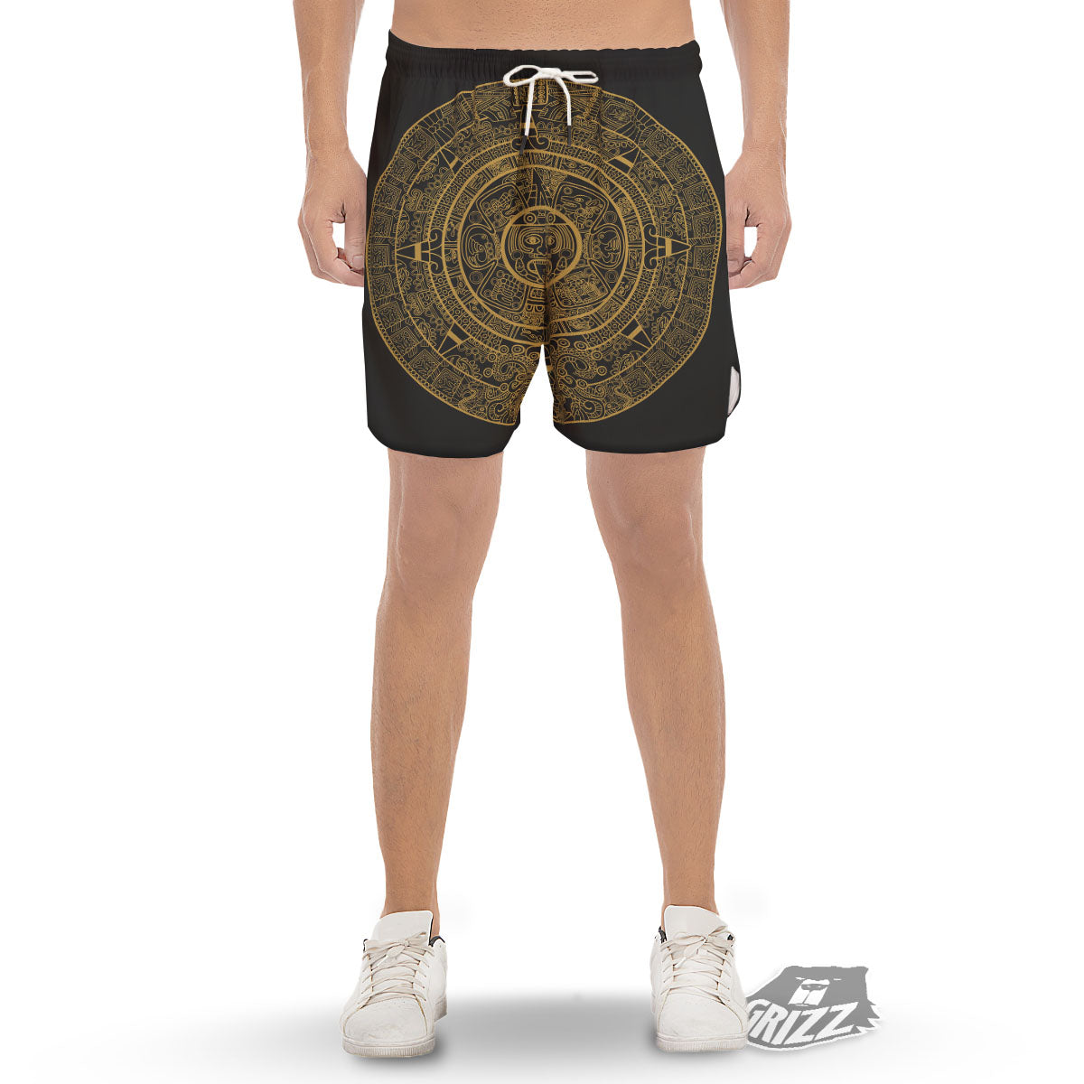 Maya Calendar Yellow And Black Print Men's Gym Shorts-grizzshop