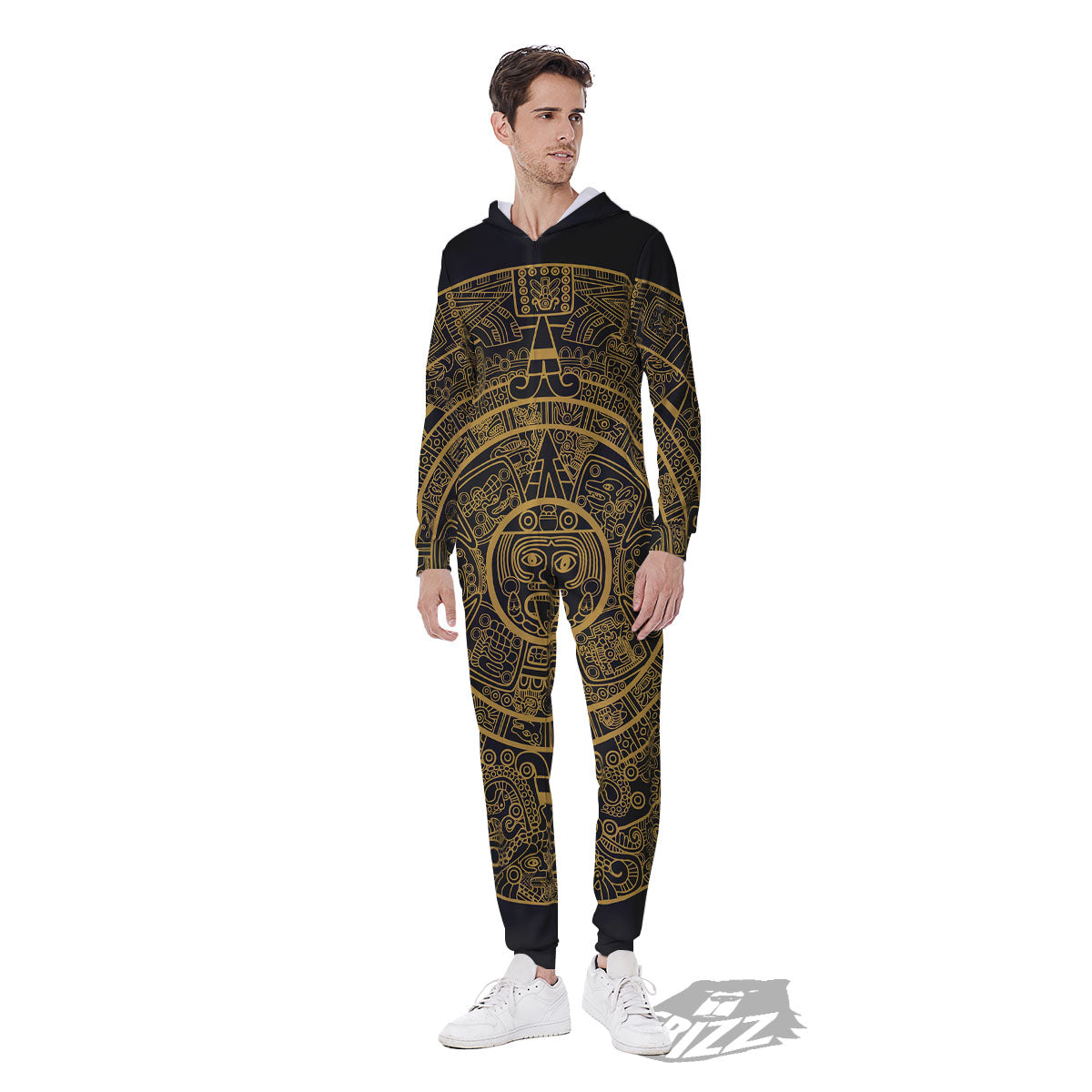 Maya Calendar Yellow And Black Print Men's Jumpsuit-grizzshop