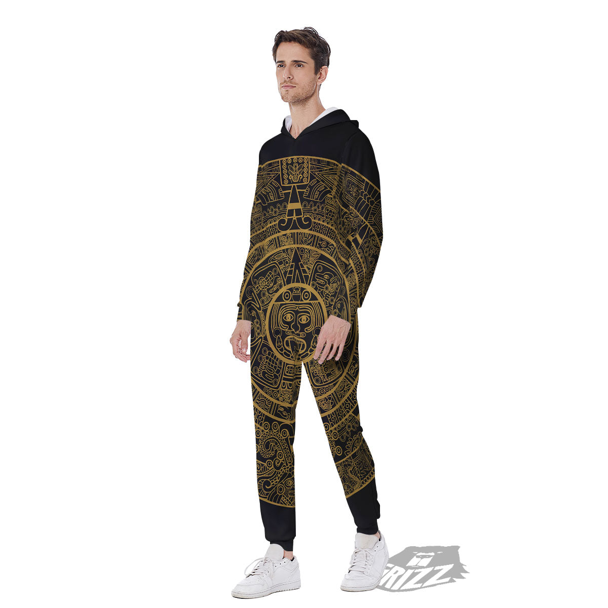 Maya Calendar Yellow And Black Print Men's Jumpsuit-grizzshop