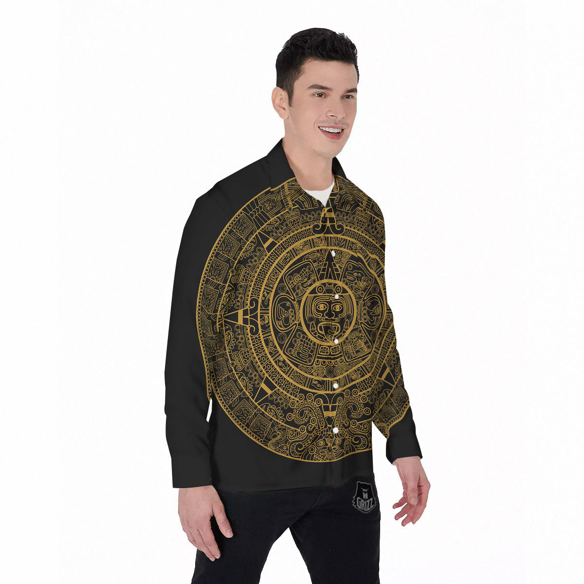 Maya Calendar Yellow And Black Print Men's Long Sleeve Shirts-grizzshop