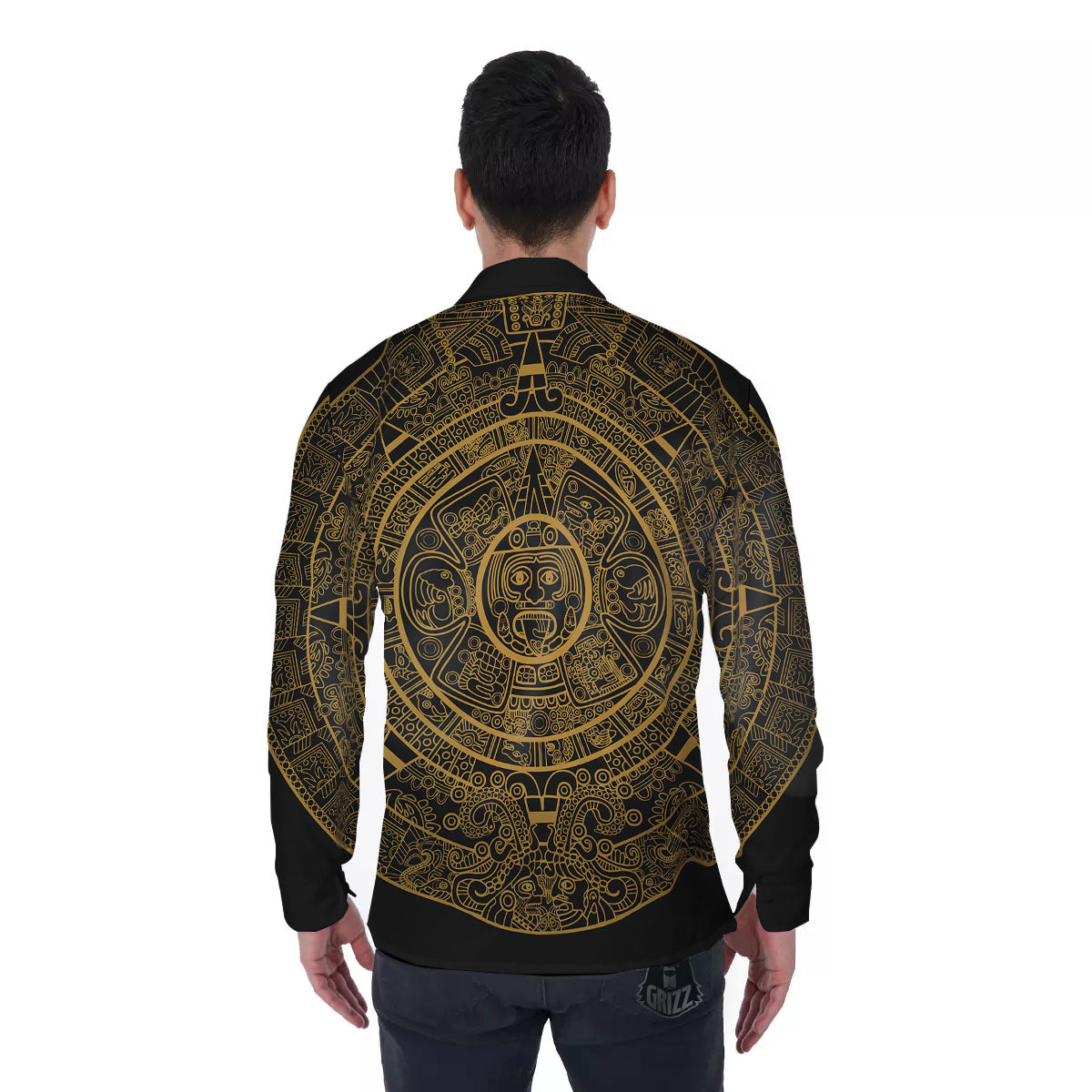 Maya Calendar Yellow And Black Print Men's Long Sleeve Shirts-grizzshop