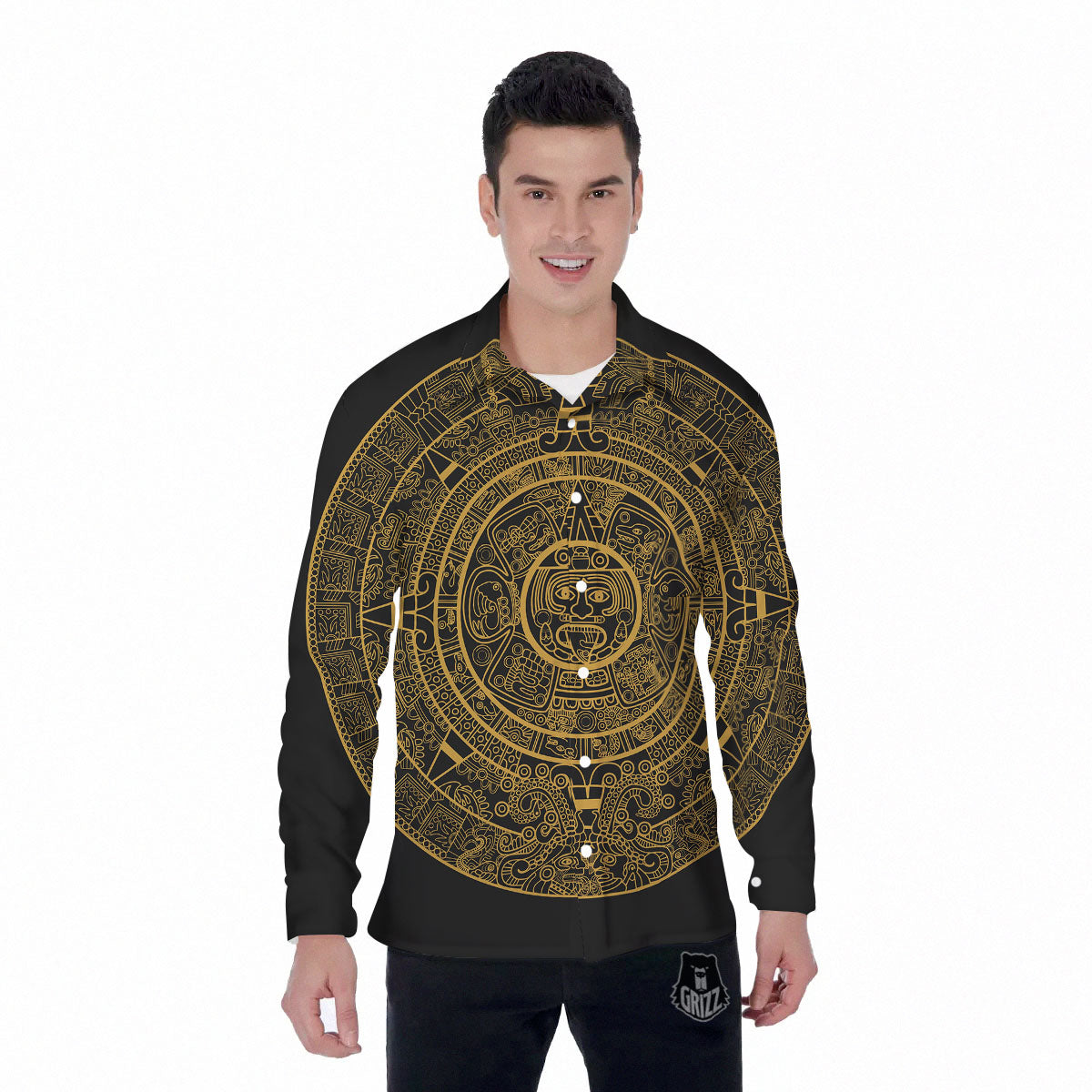 Maya Calendar Yellow And Black Print Men's Long Sleeve Shirts-grizzshop