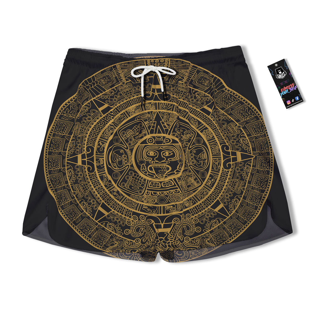 Maya Calendar Yellow And Black Print Men's Running Shorts-grizzshop