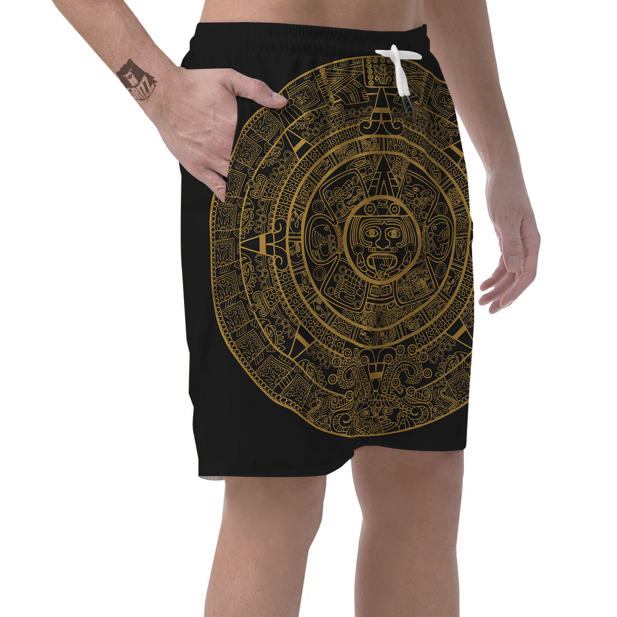 Maya Calendar Yellow And Black Print Men's Shorts-grizzshop