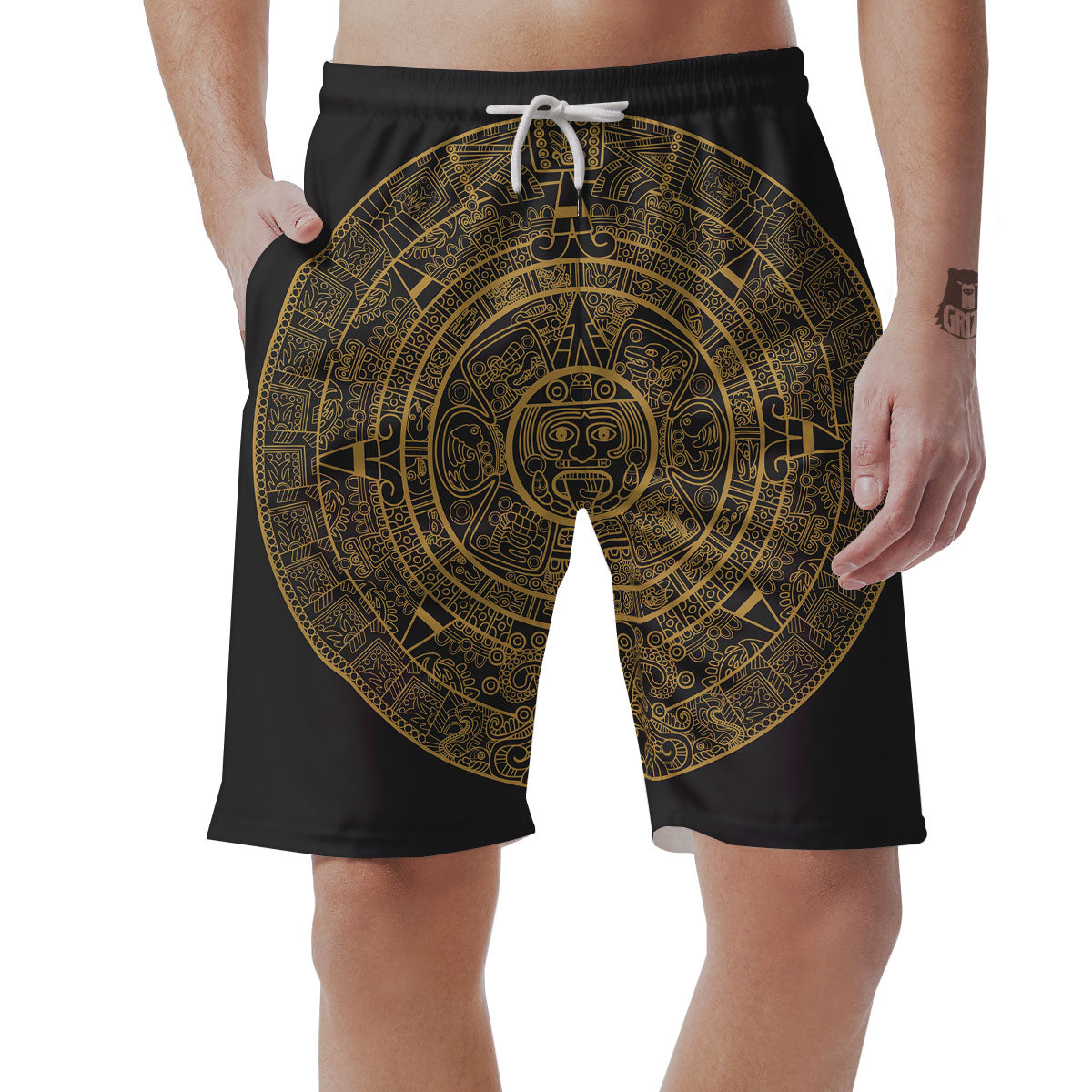 Maya Calendar Yellow And Black Print Men's Shorts-grizzshop
