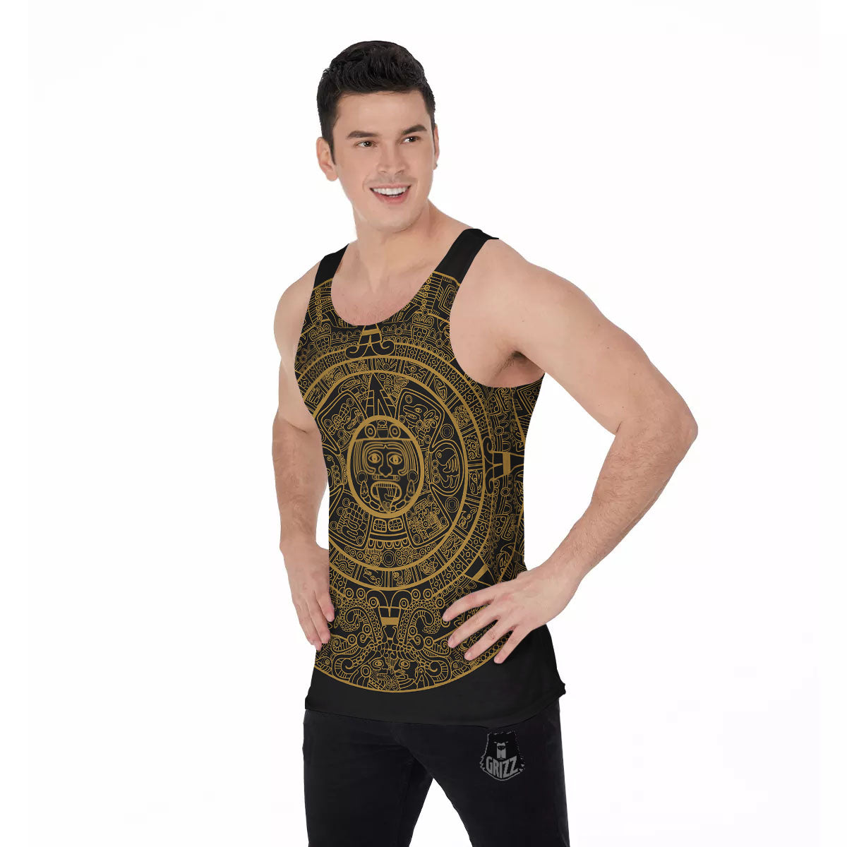Maya Calendar Yellow And Black Print Men's Tank Top-grizzshop
