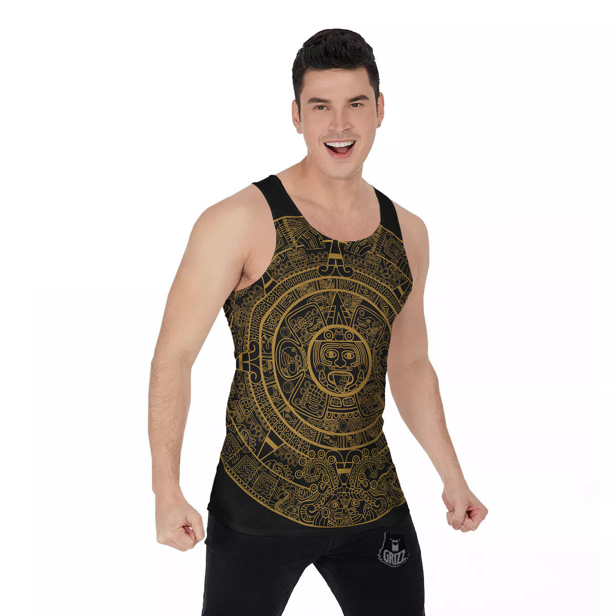 Maya Calendar Yellow And Black Print Men's Tank Top-grizzshop