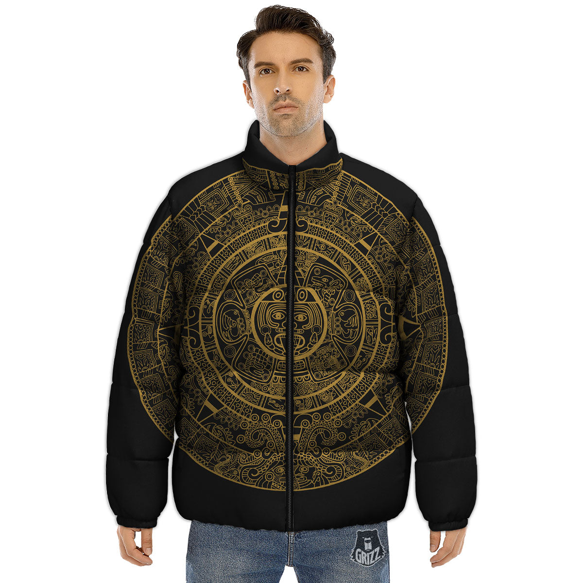 Maya Calendar Yellow And Black Print Puffer Jacket-grizzshop