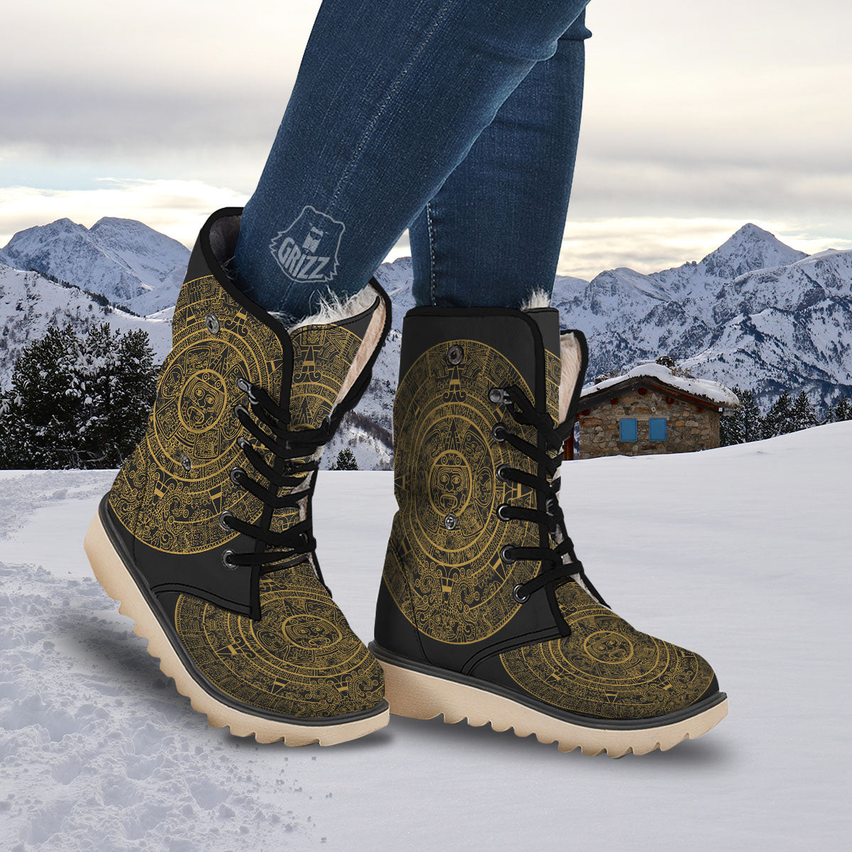 Maya Calendar Yellow And Black Print Snow Boots-grizzshop