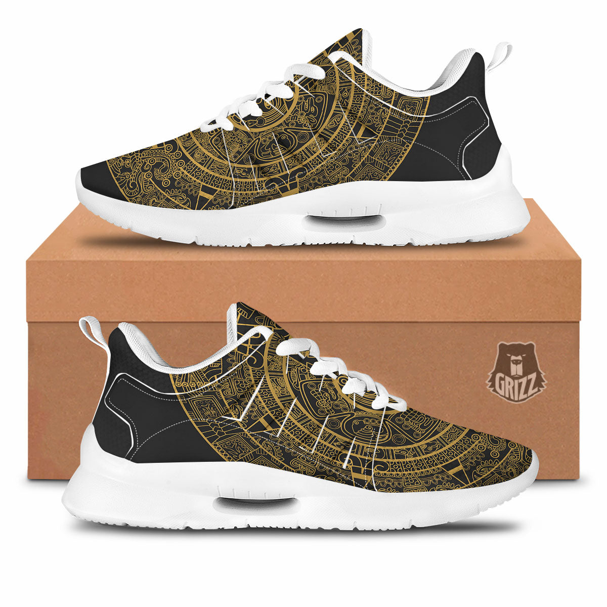 Maya Calendar Yellow And Black Print Tennis Shoes-grizzshop