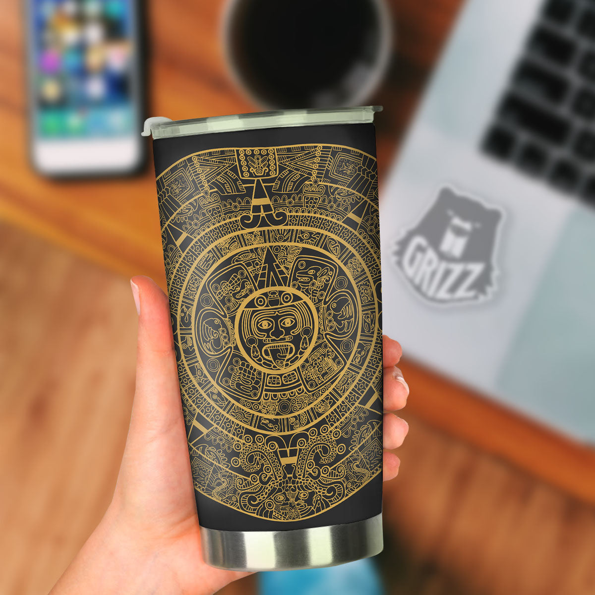 Maya Calendar Yellow And Black Print Tumbler-grizzshop