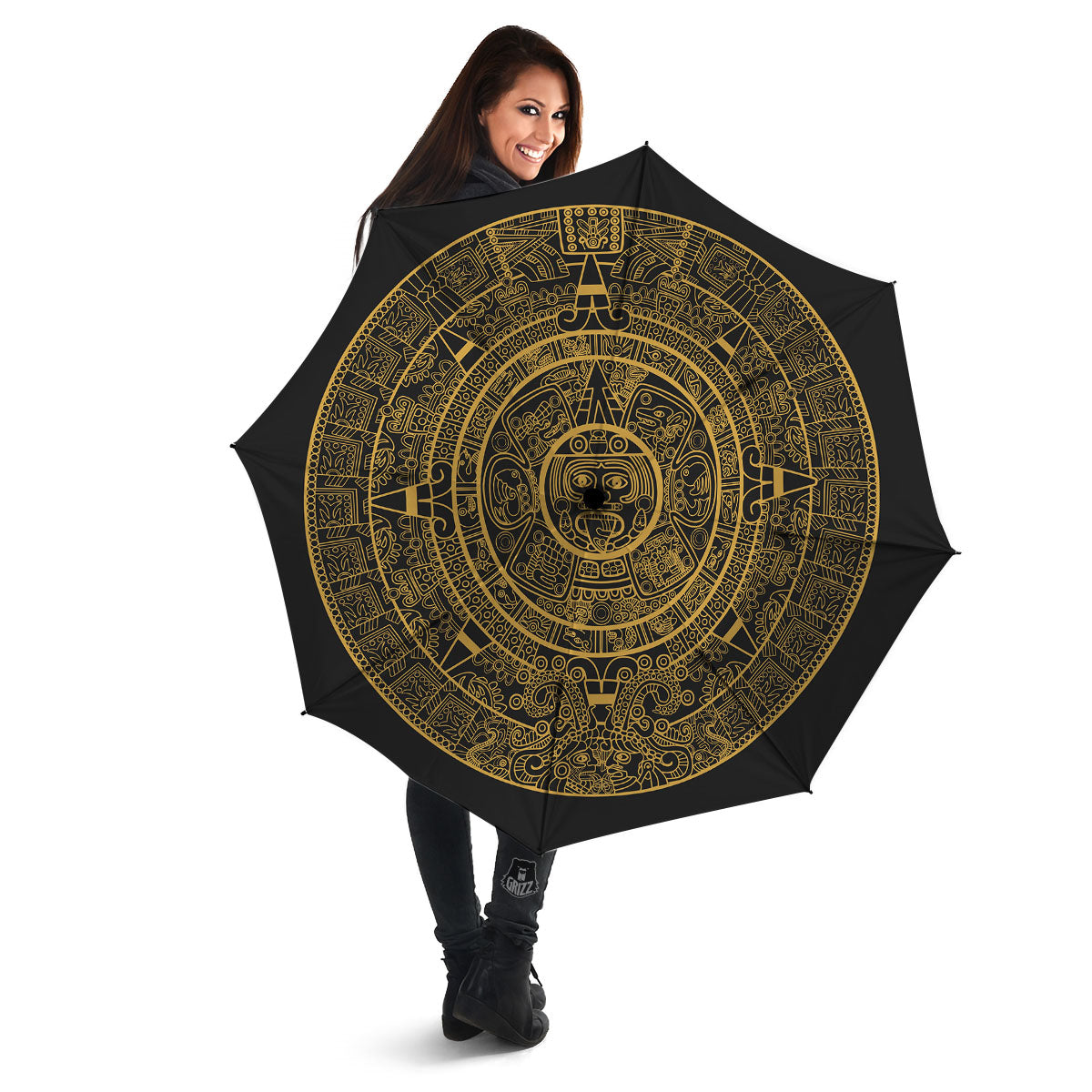 Maya Calendar Yellow And Black Print Umbrella-grizzshop