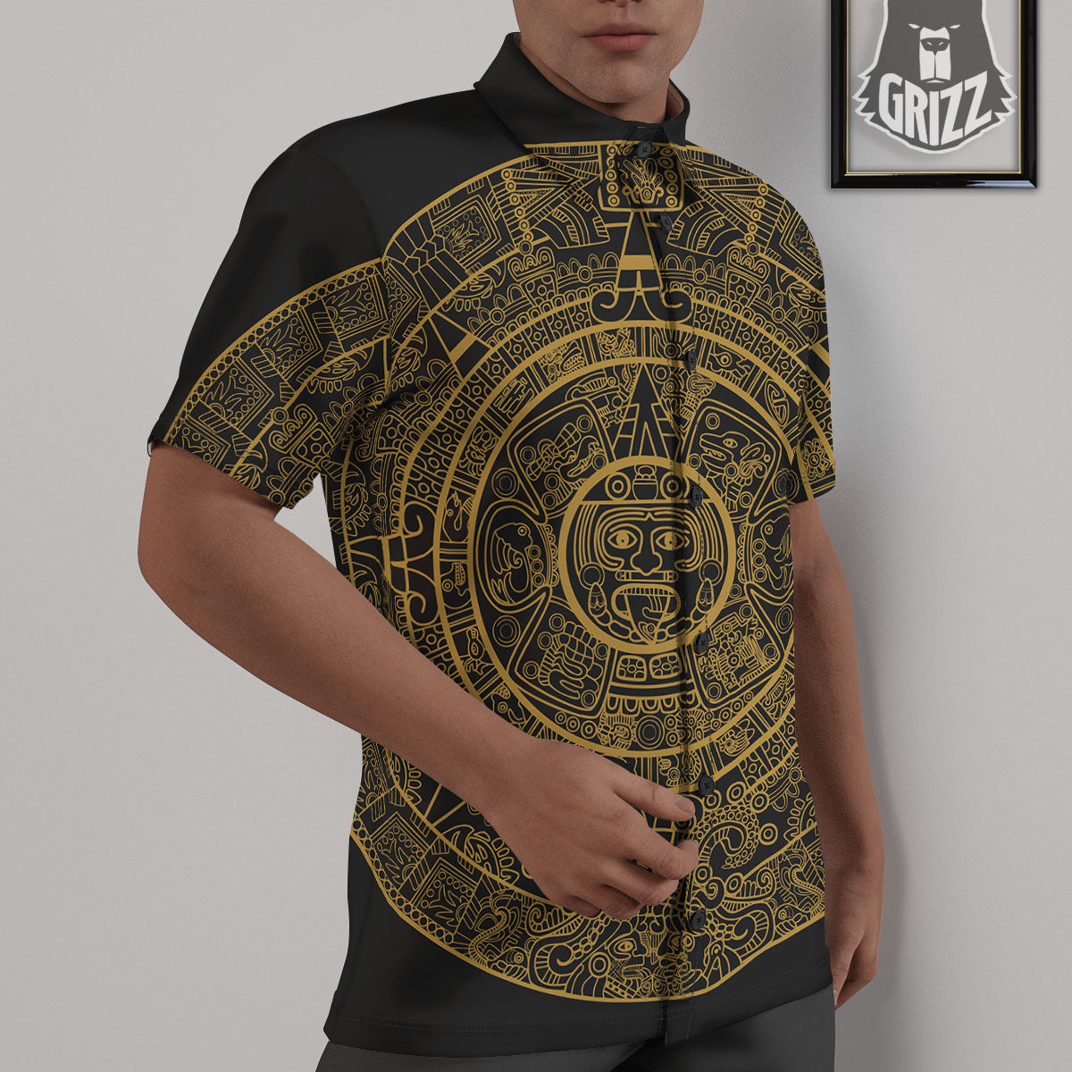 Maya Calendar Yellow And Black Print Untucked Shirts-grizzshop