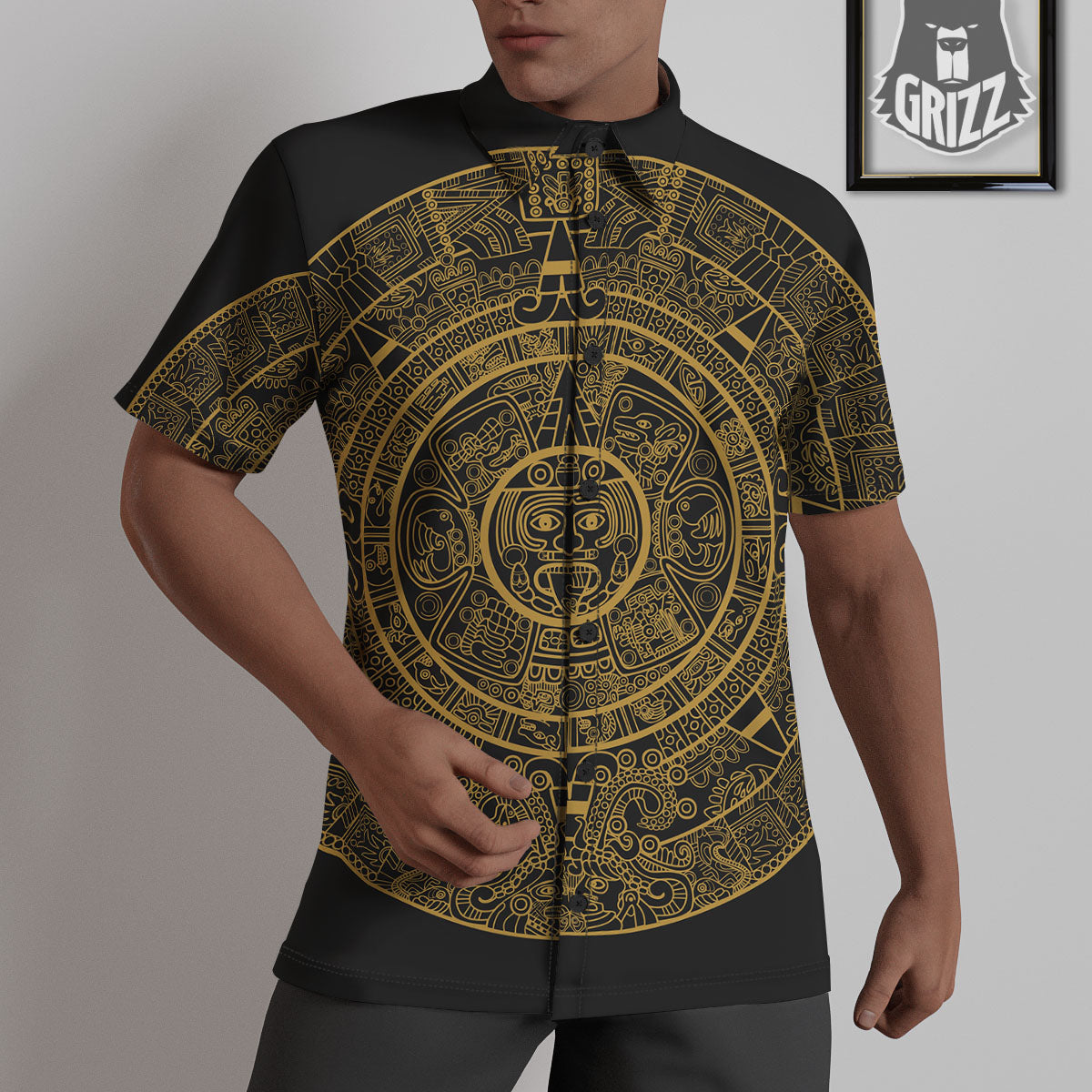 Maya Calendar Yellow And Black Print Untucked Shirts-grizzshop