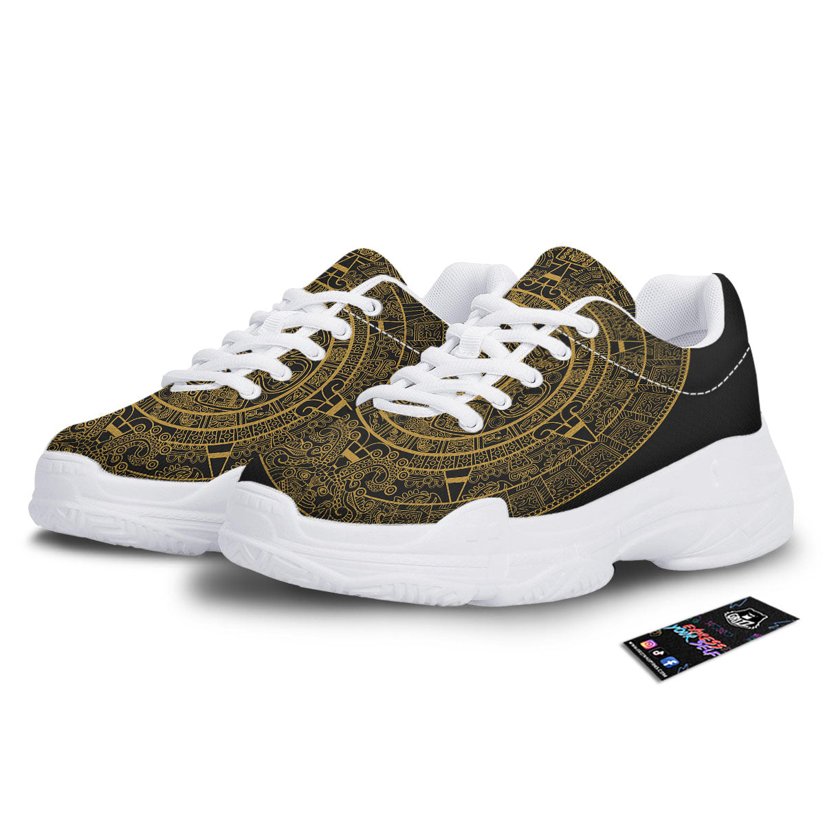 Maya Calendar Yellow And Black Print White Chunky Shoes-grizzshop